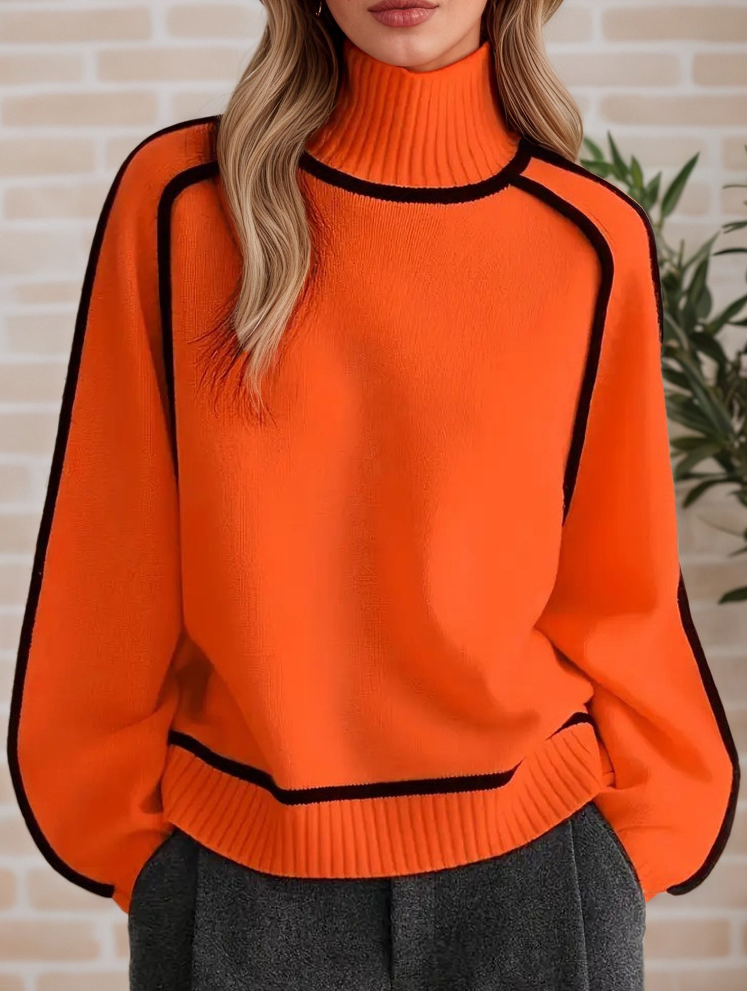 Stylish turtleneck striped ribbed sweater