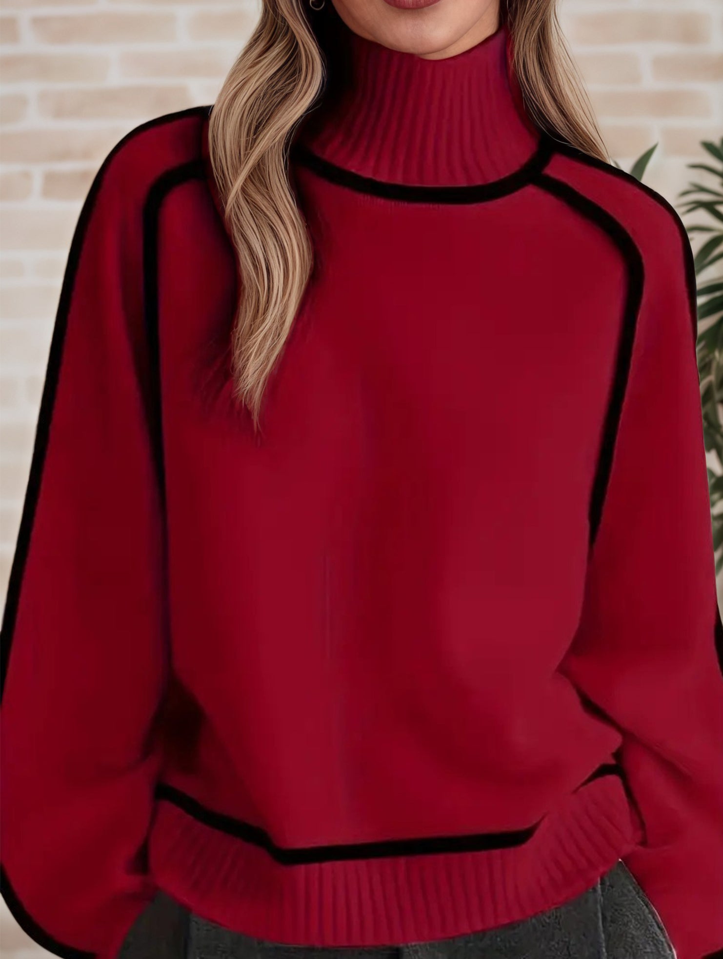 Stylish turtleneck striped ribbed sweater