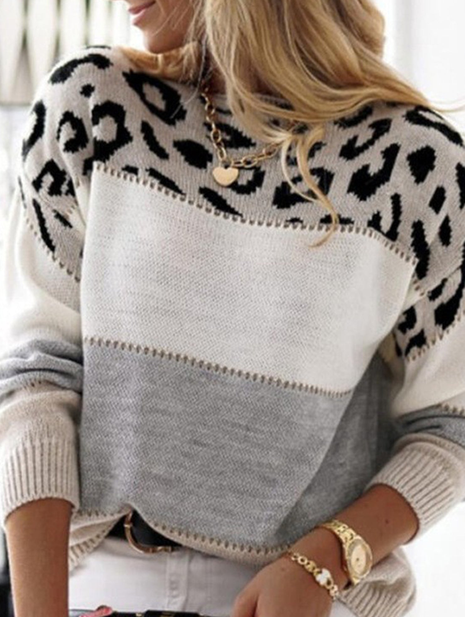 Leopard print color-blocked crew neck sweater
