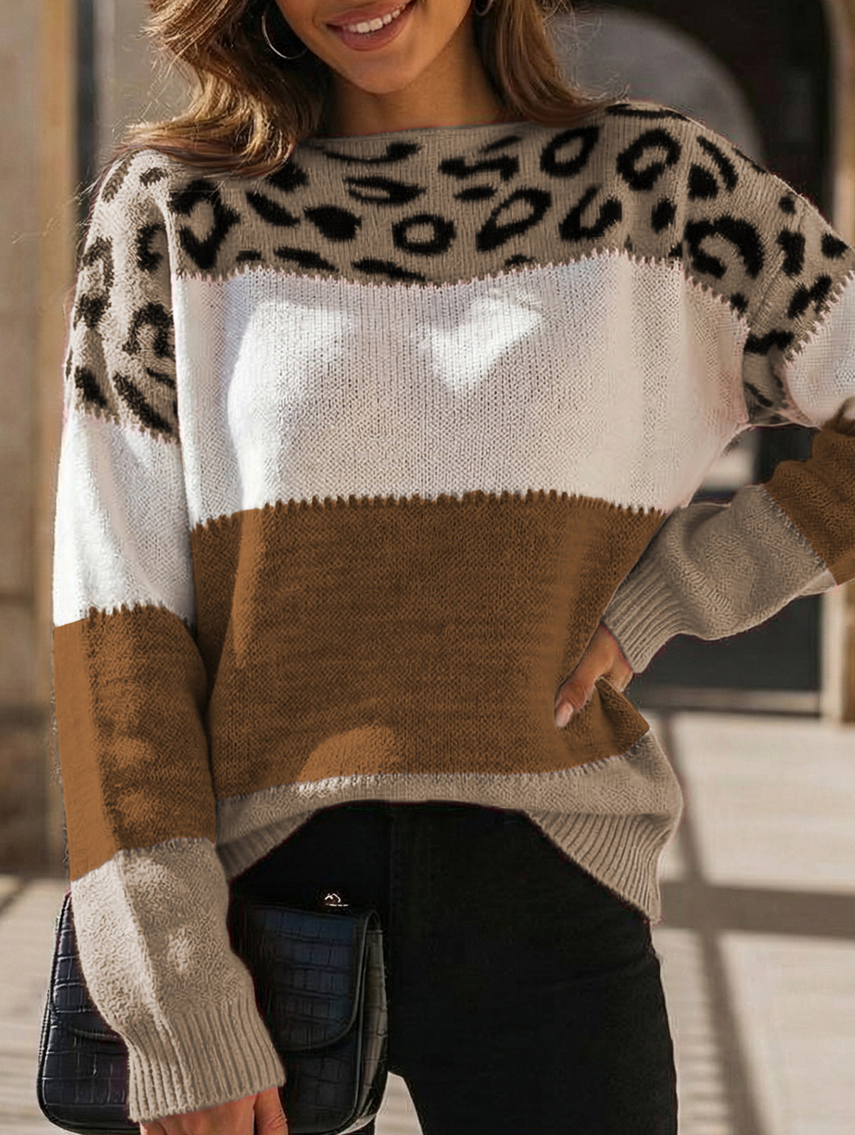 Leopard print color-blocked crew neck sweater