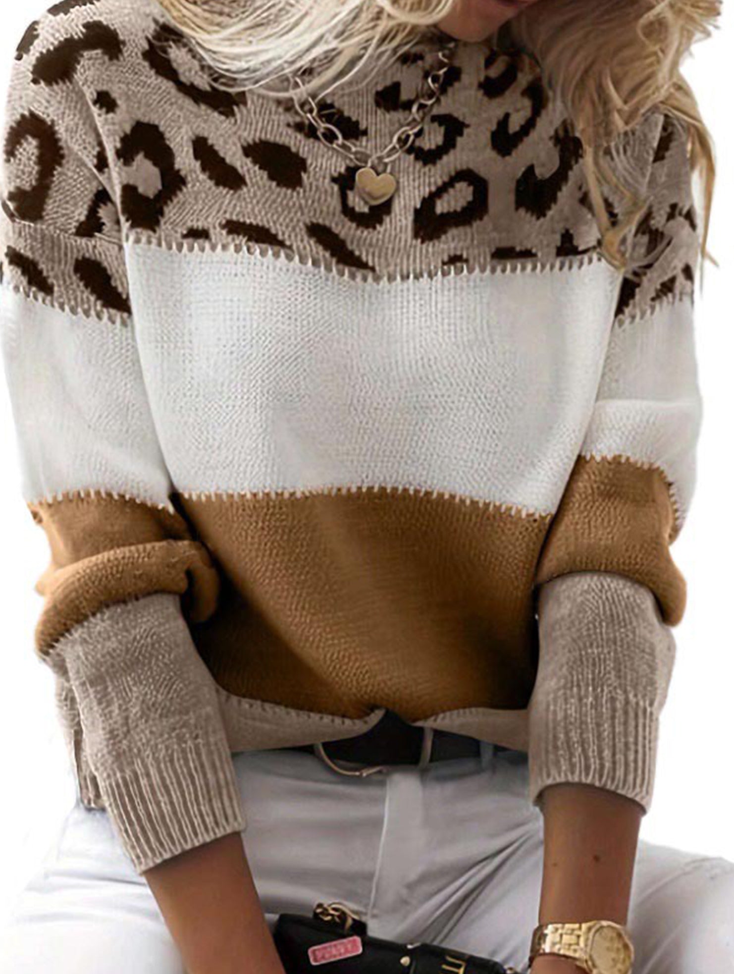 Leopard print color-blocked crew neck sweater