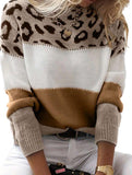 Leopard print color-blocked crew neck sweater