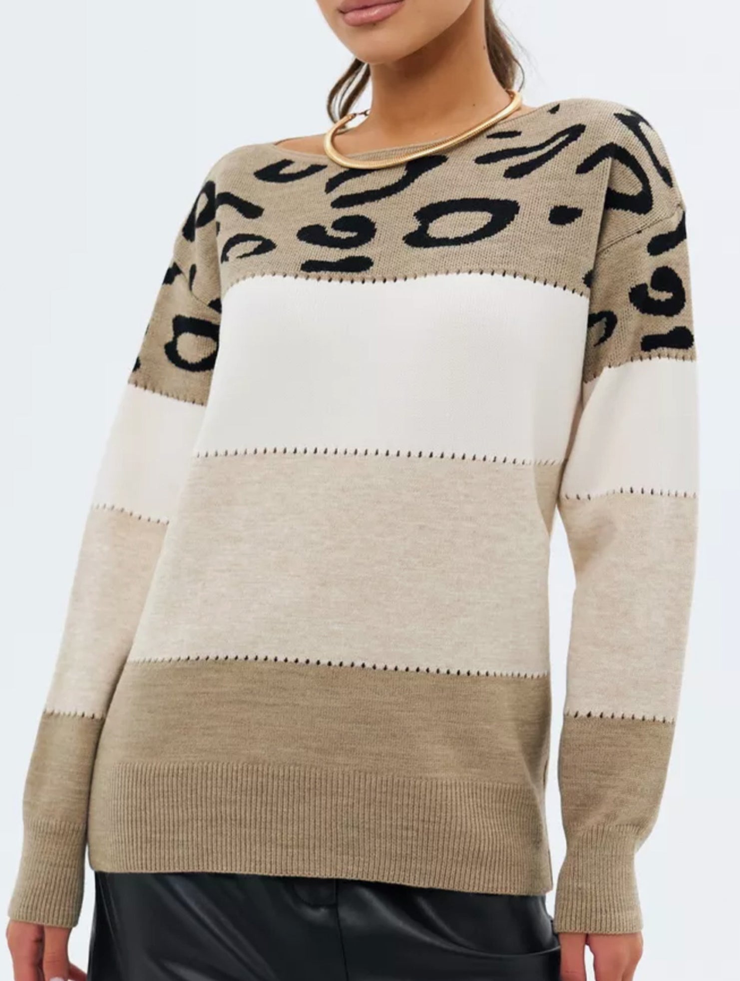 Leopard print color-blocked crew neck sweater