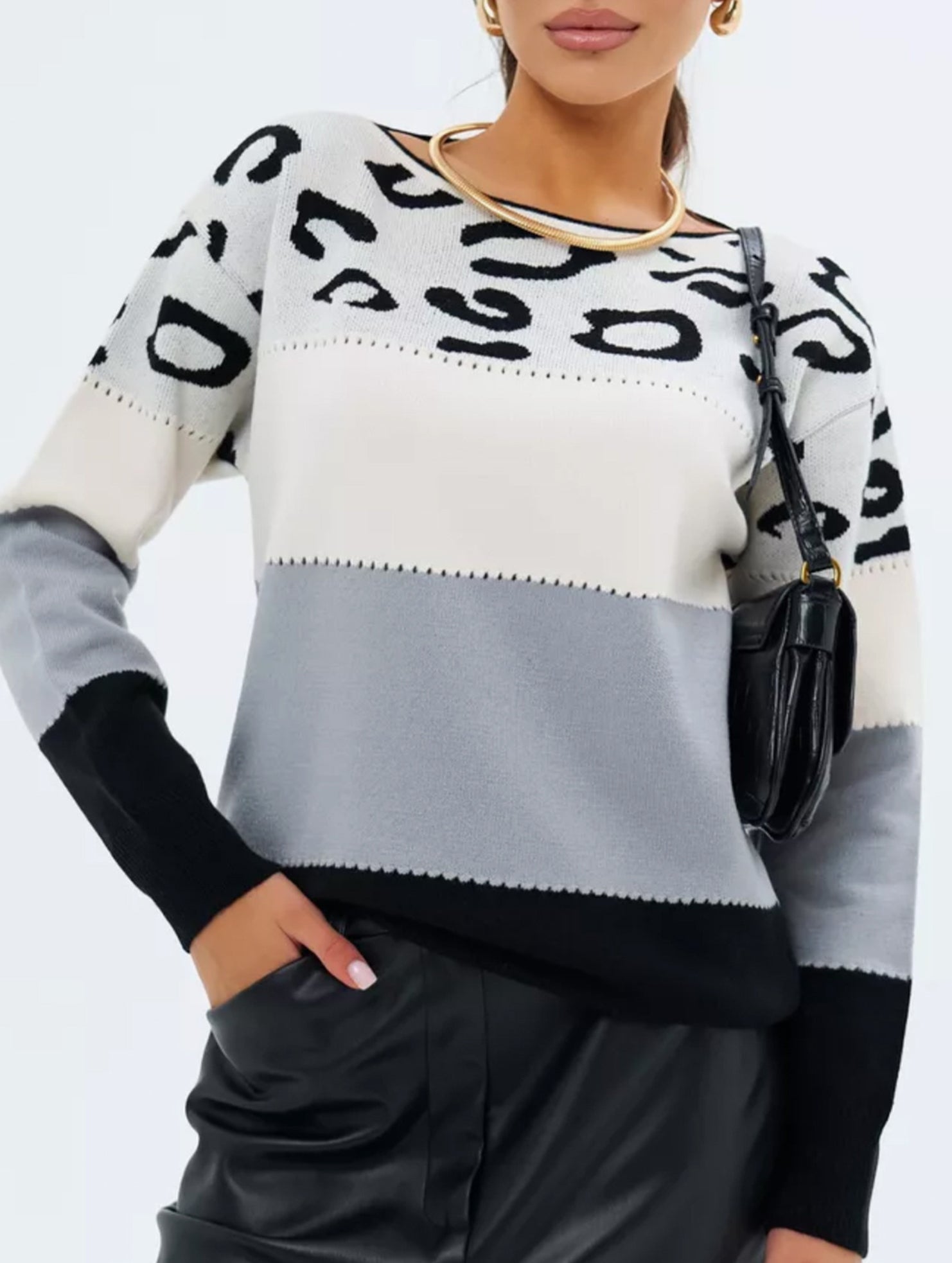 Leopard print color-blocked crew neck sweater