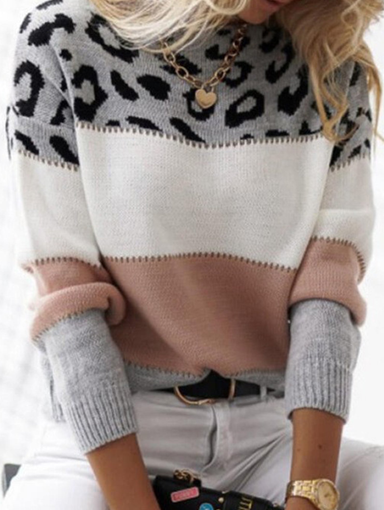 Leopard print color-blocked crew neck sweater