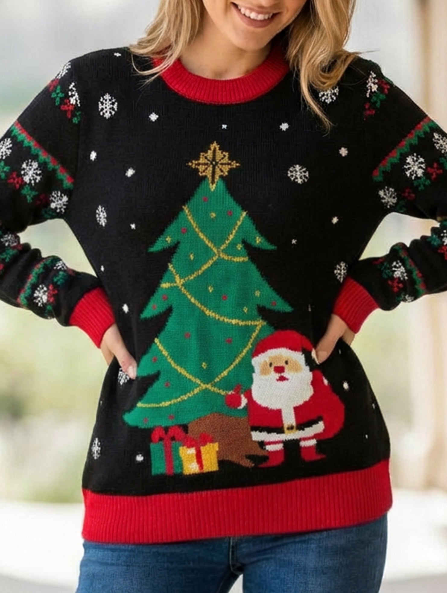 Round neck Christmas tree jacquard knit sweater