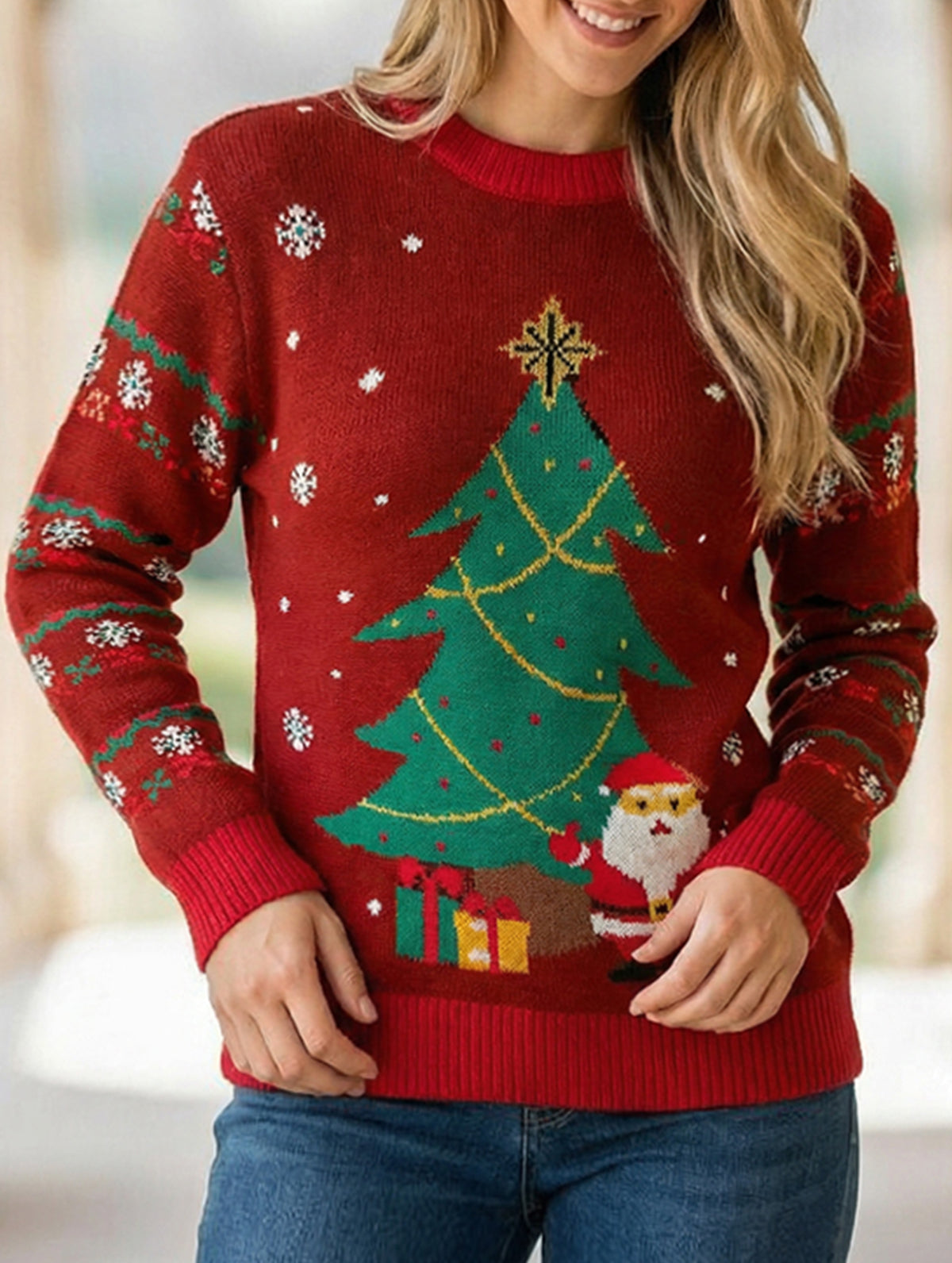 Round neck Christmas tree jacquard knit sweater