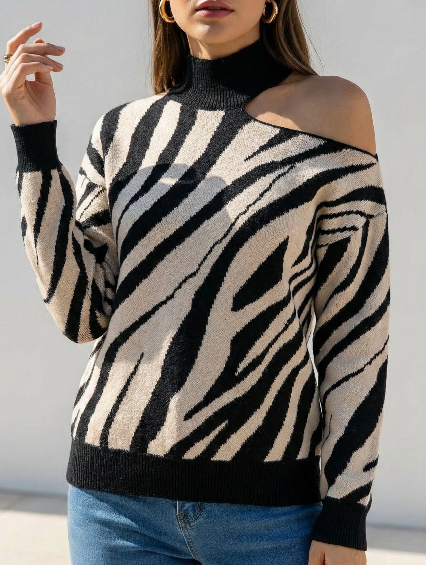 High-neck long-sleeved sexy off-shoulder sweater