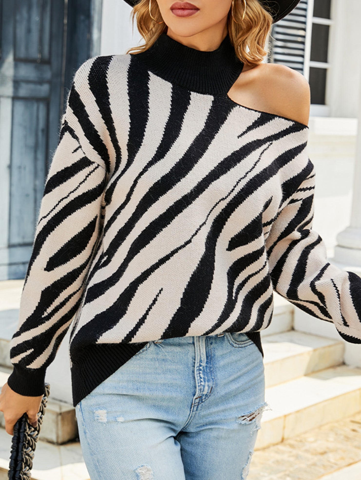 High-neck long-sleeved sexy off-shoulder sweater