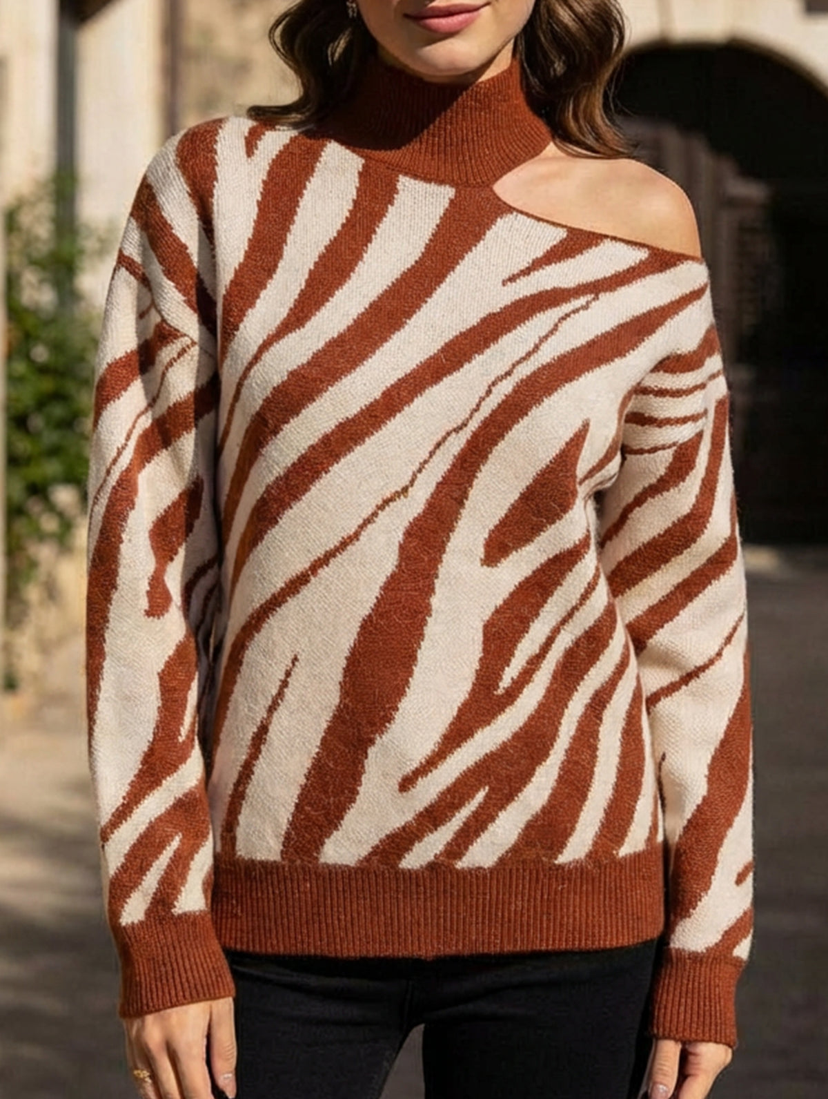 High-neck long-sleeved sexy off-shoulder sweater