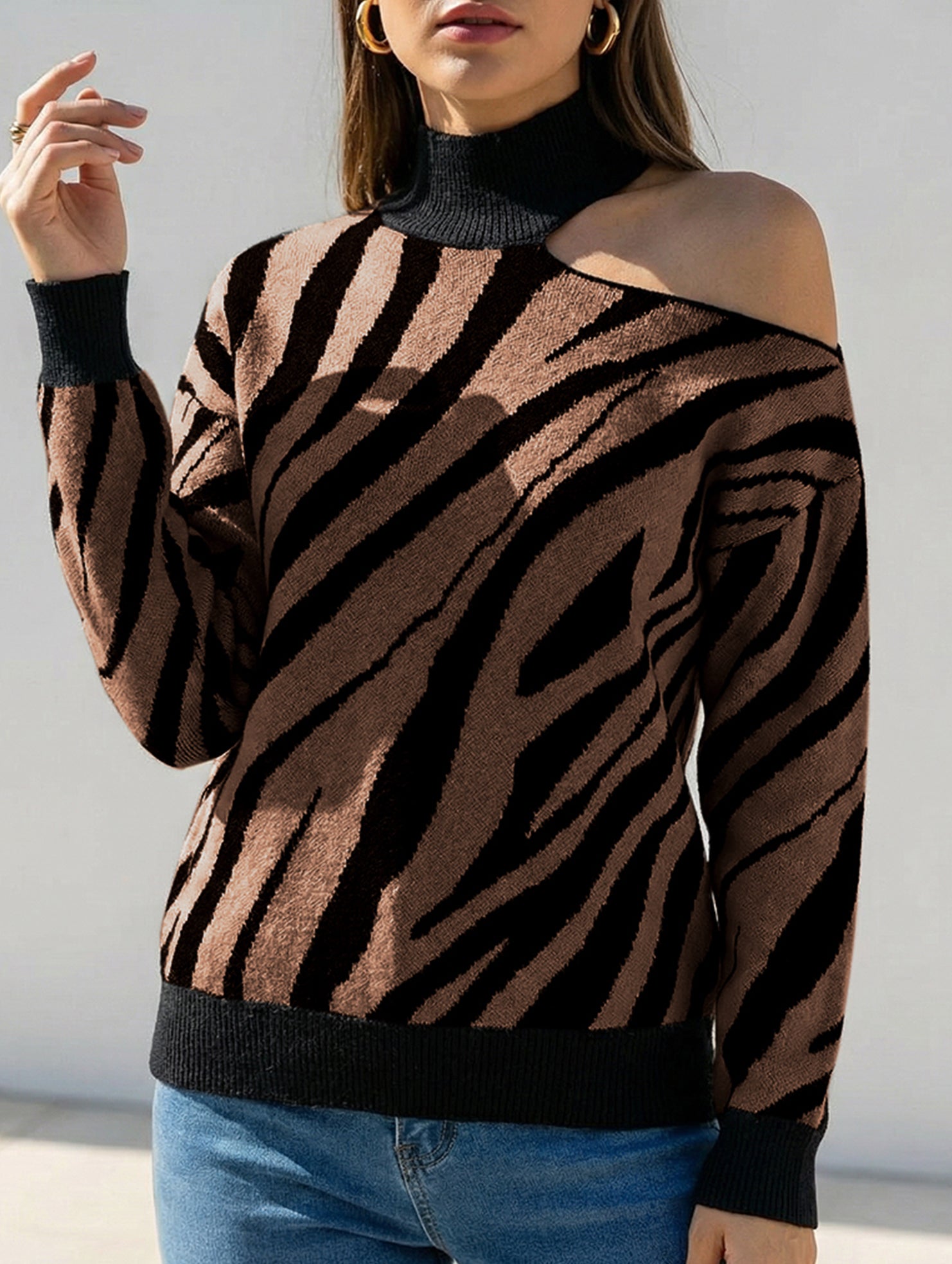 High-neck long-sleeved sexy off-shoulder sweater