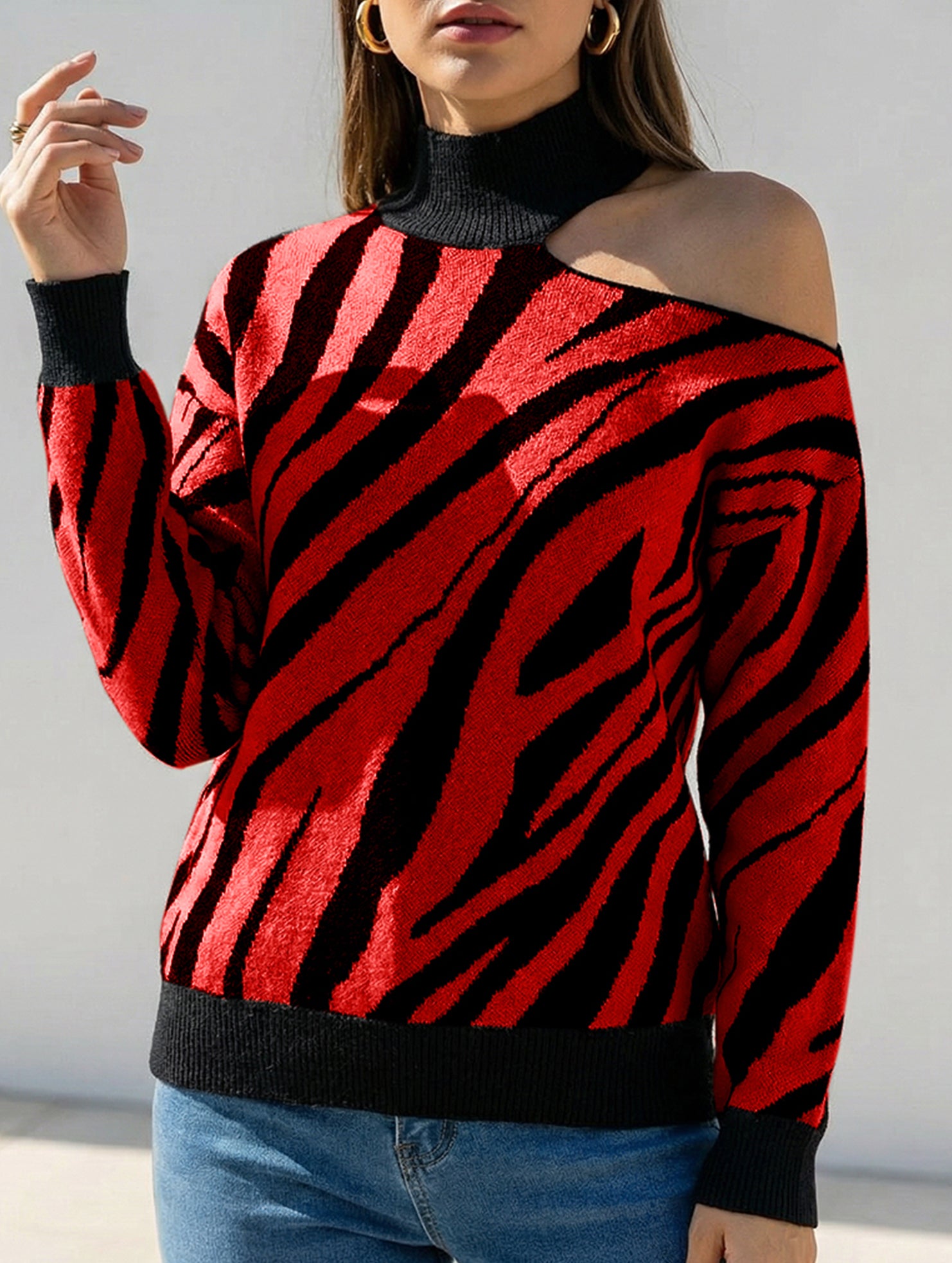 High-neck long-sleeved sexy off-shoulder sweater