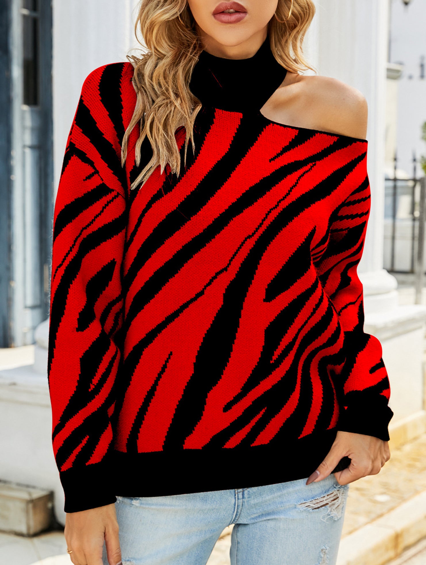 High-neck long-sleeved sexy off-shoulder sweater
