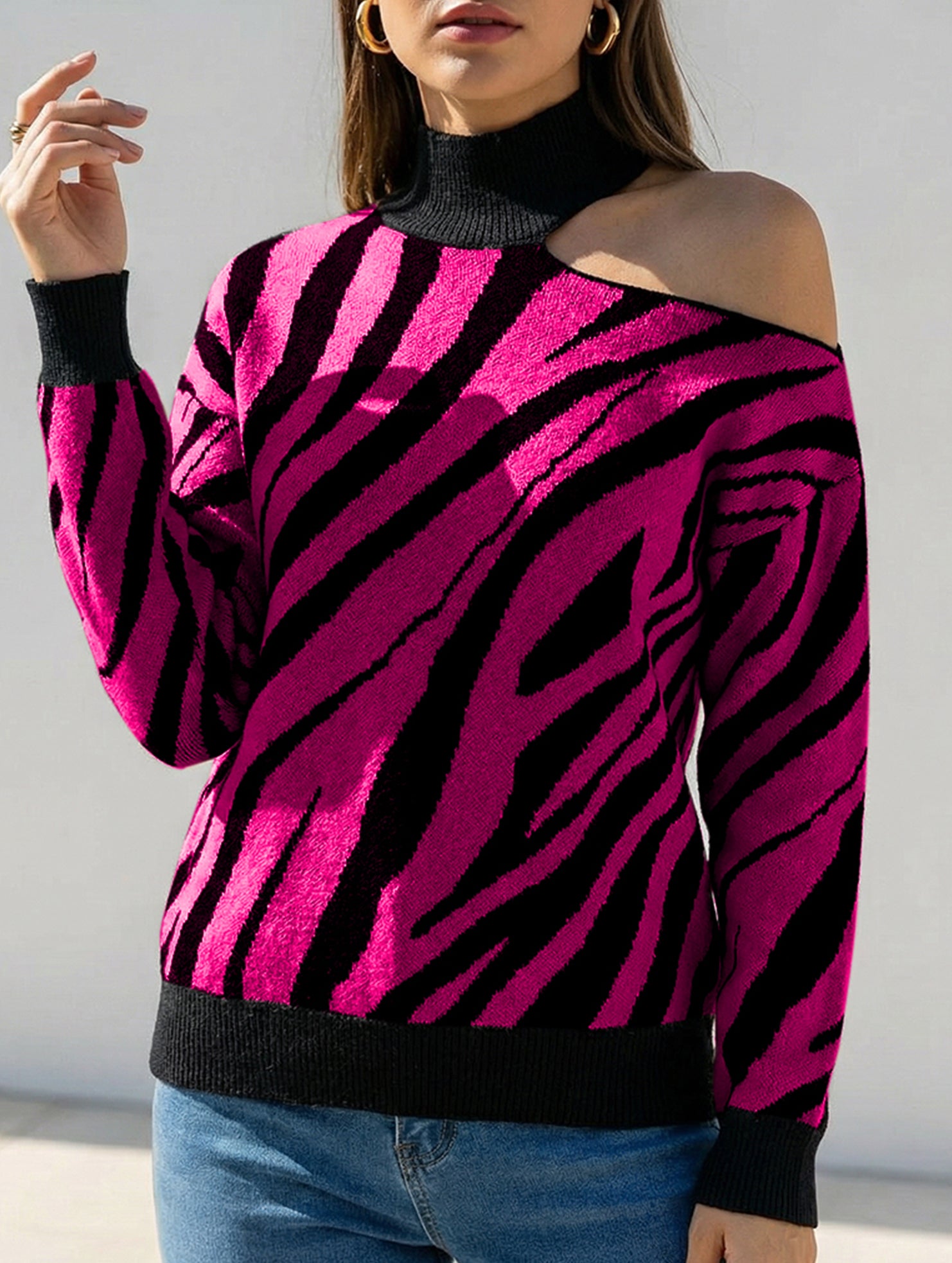 High-neck long-sleeved sexy off-shoulder sweater