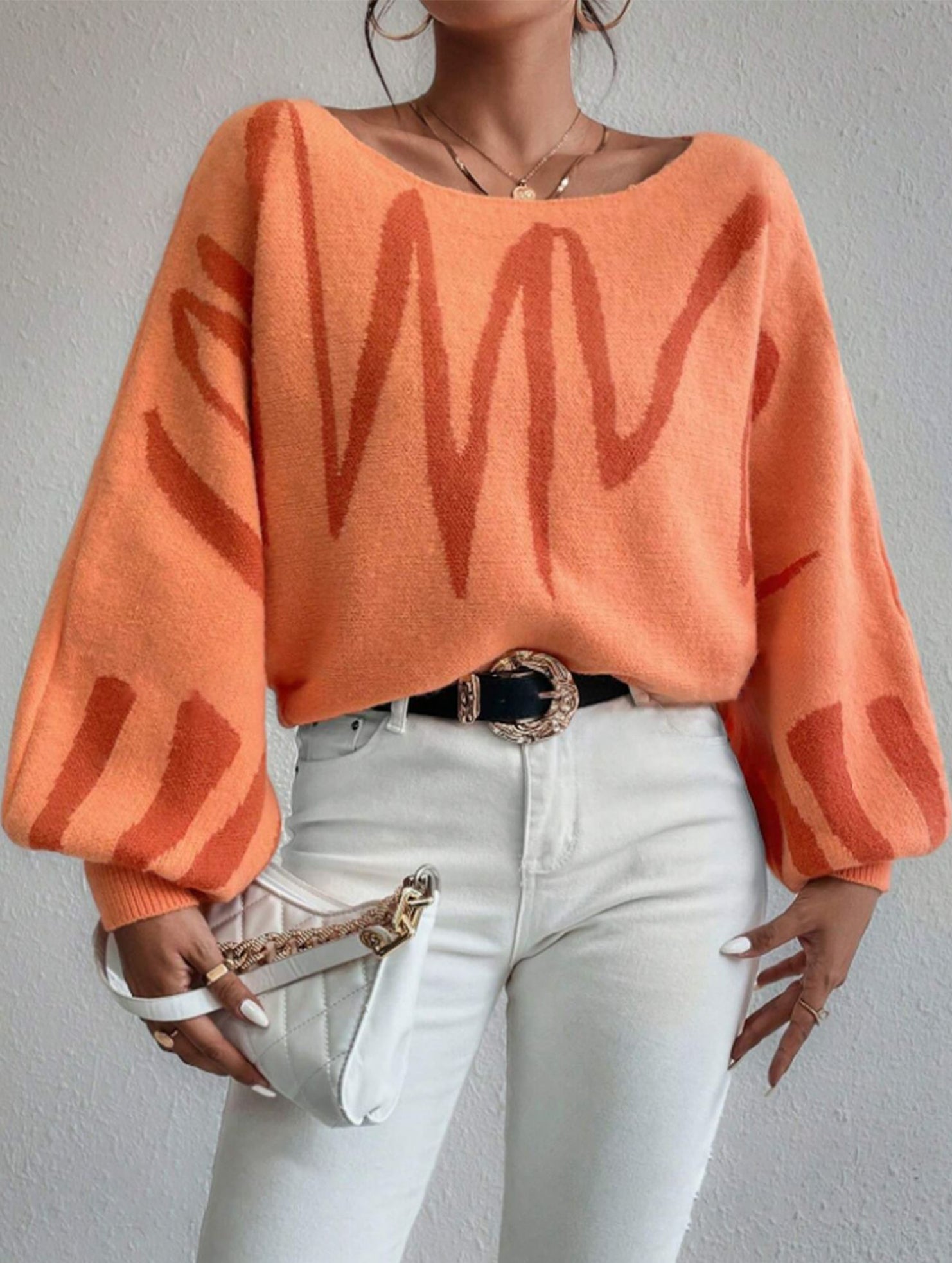 Casual wavy lantern off-shoulder knit top