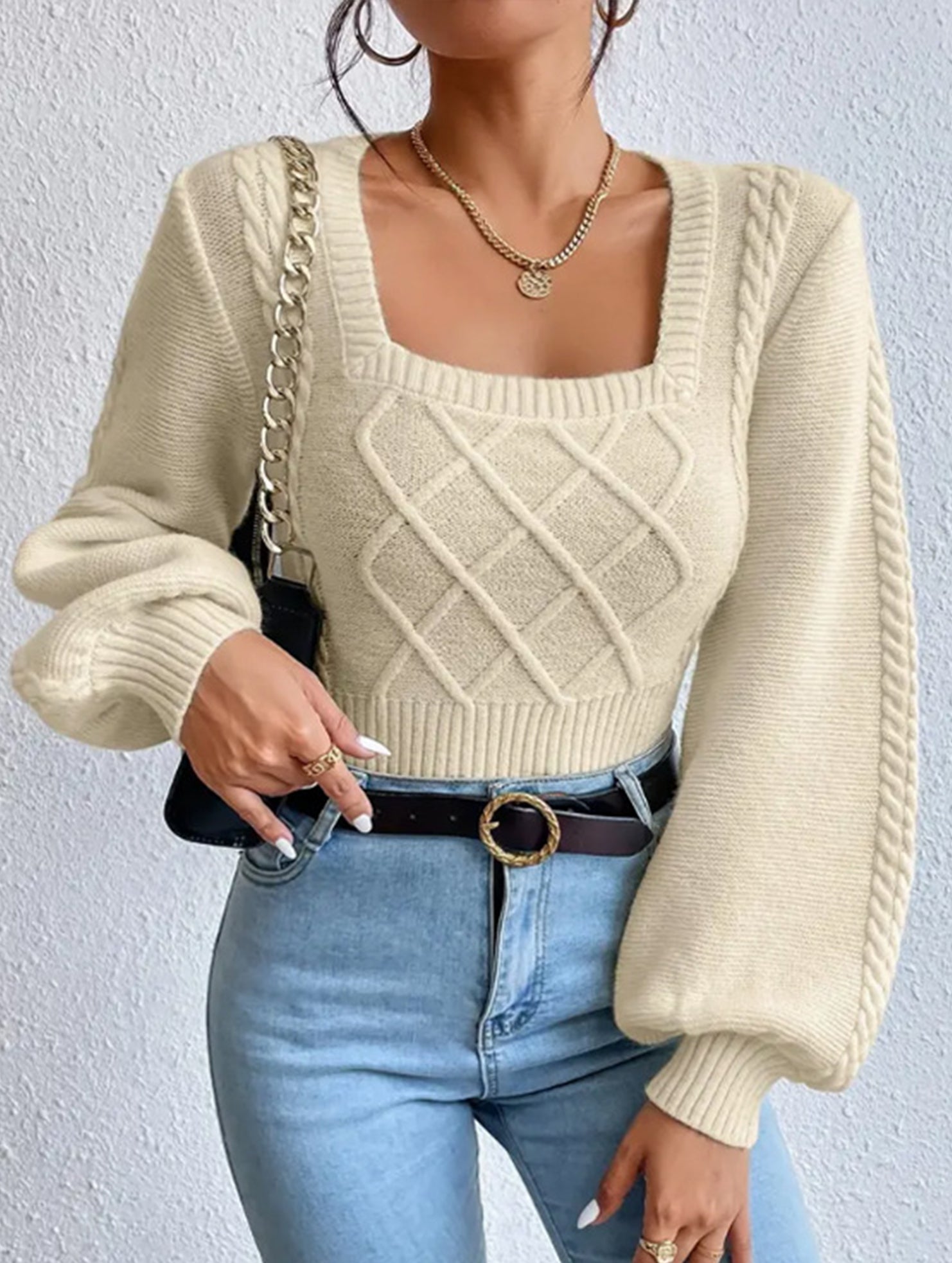 Fashionable solid color square neck knit sweater
