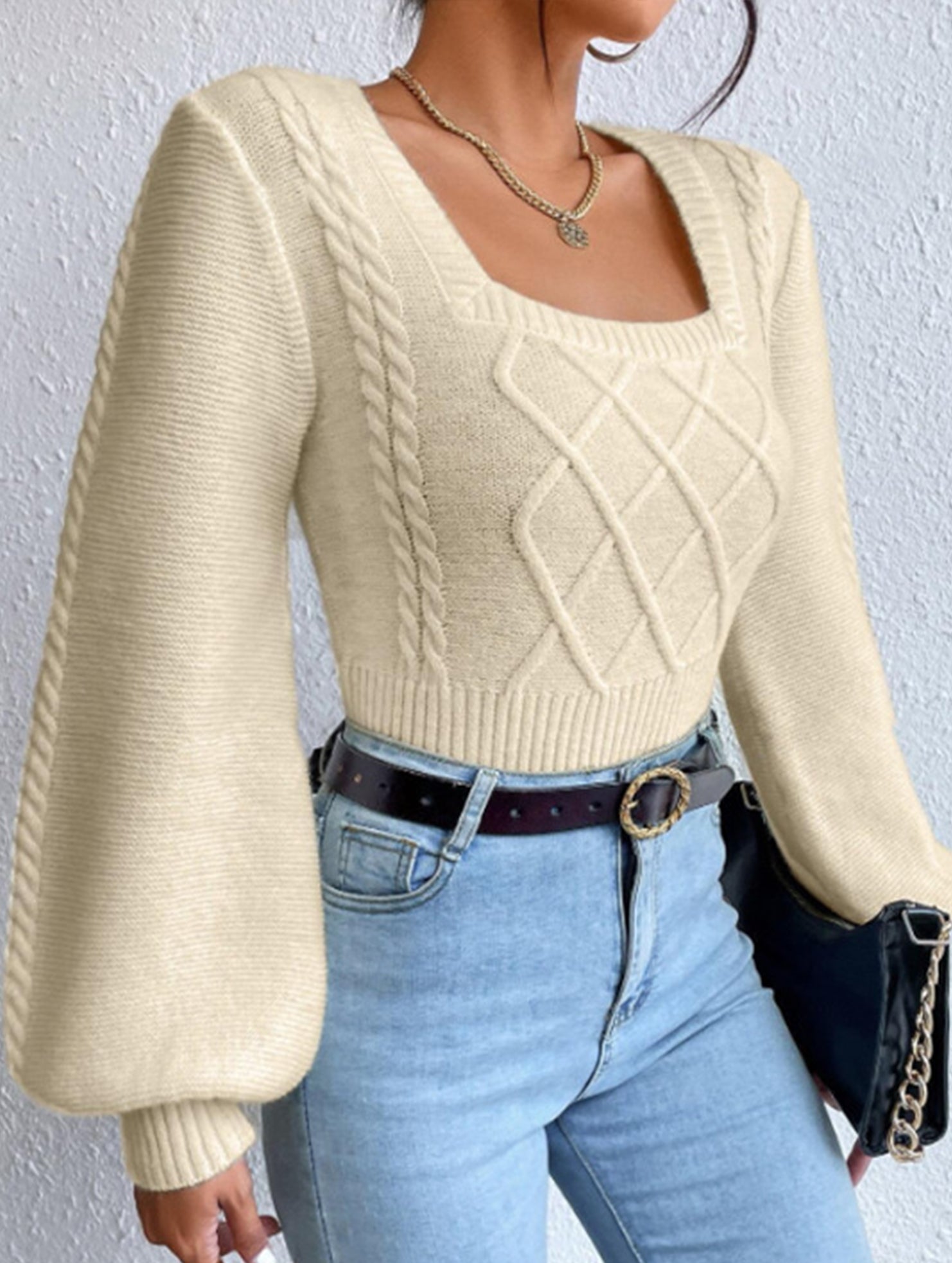 Fashionable solid color square neck knit sweater