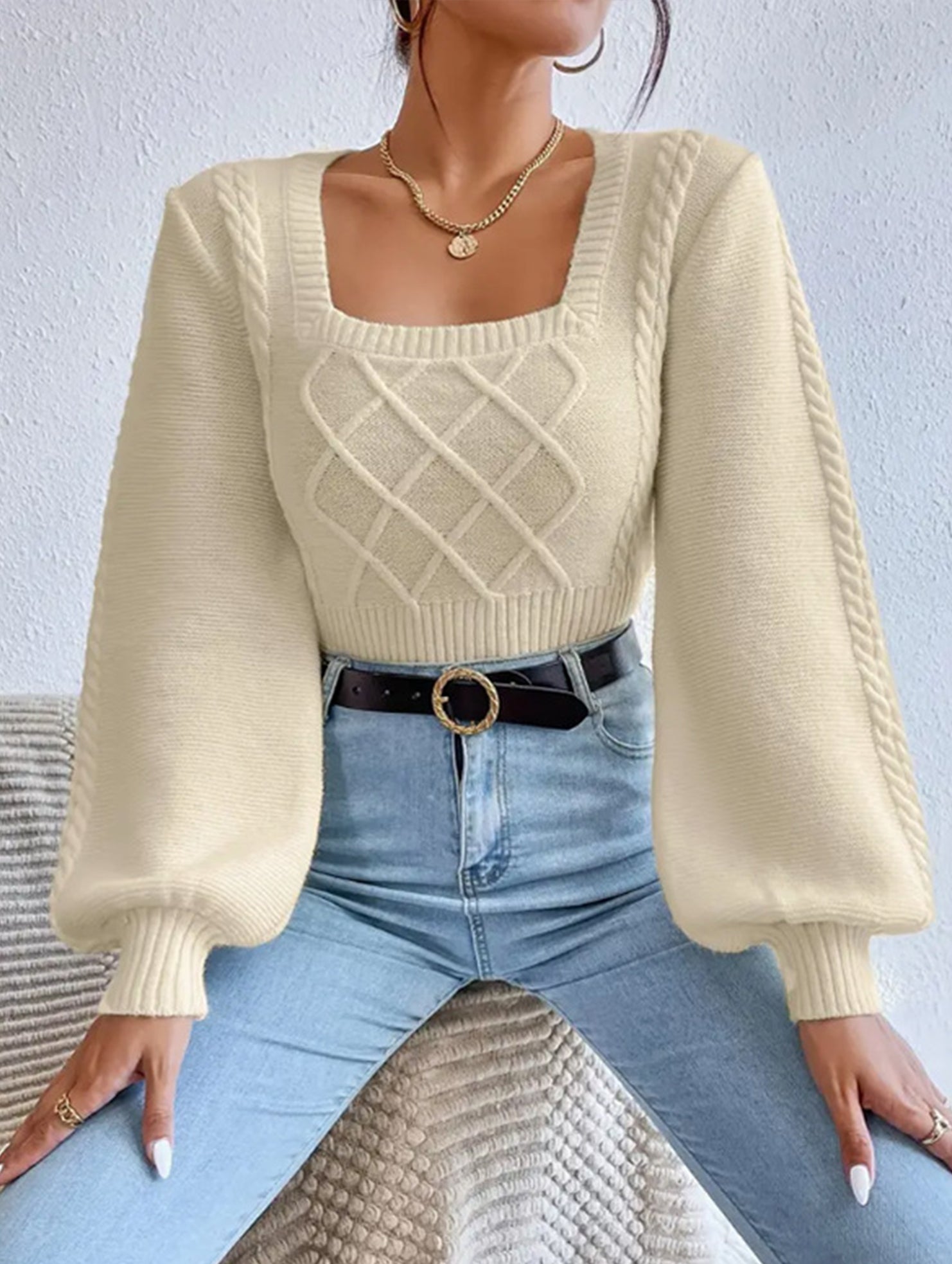Fashionable solid color square neck knit sweater