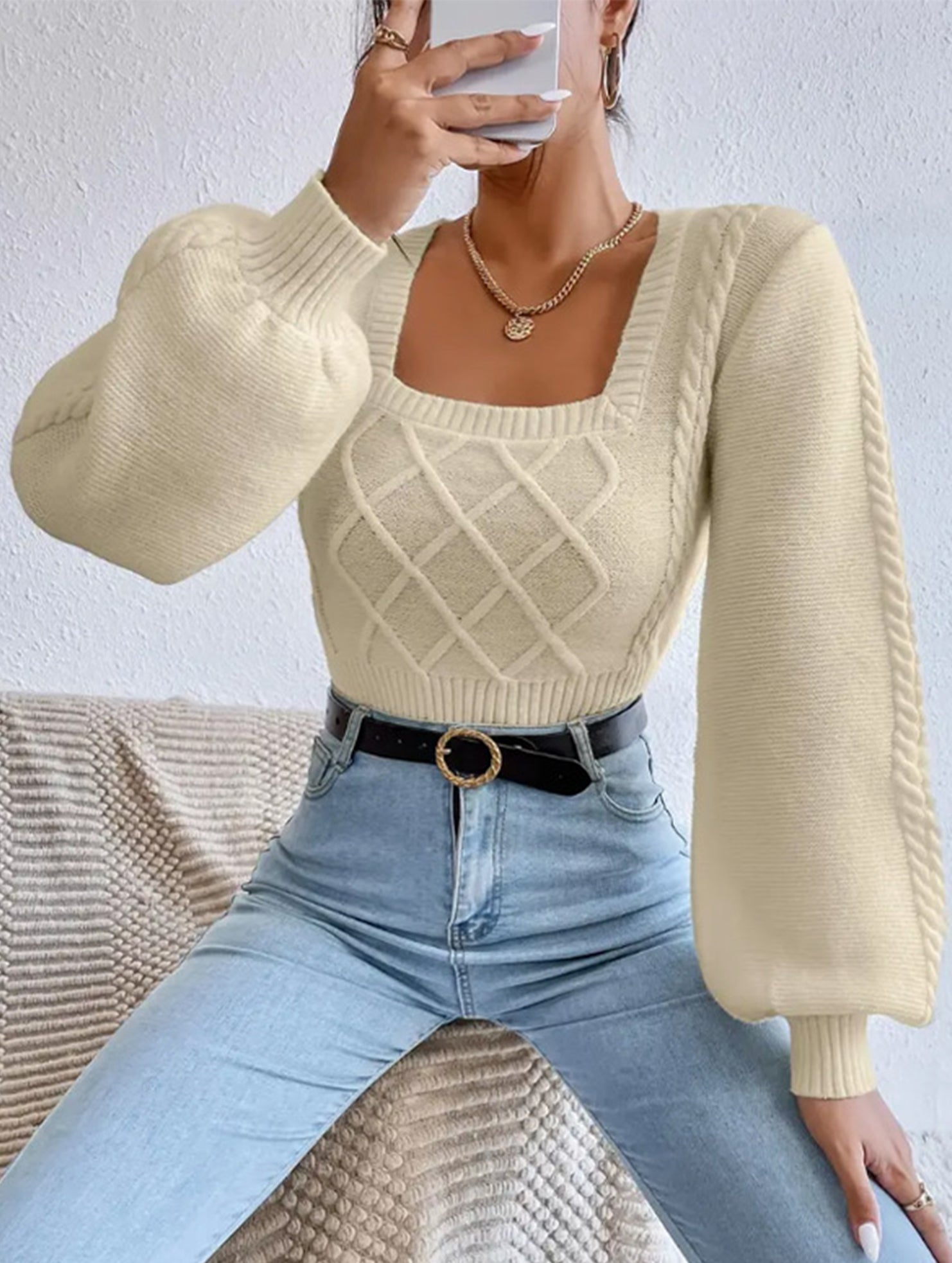 Fashionable solid color square neck knit sweater
