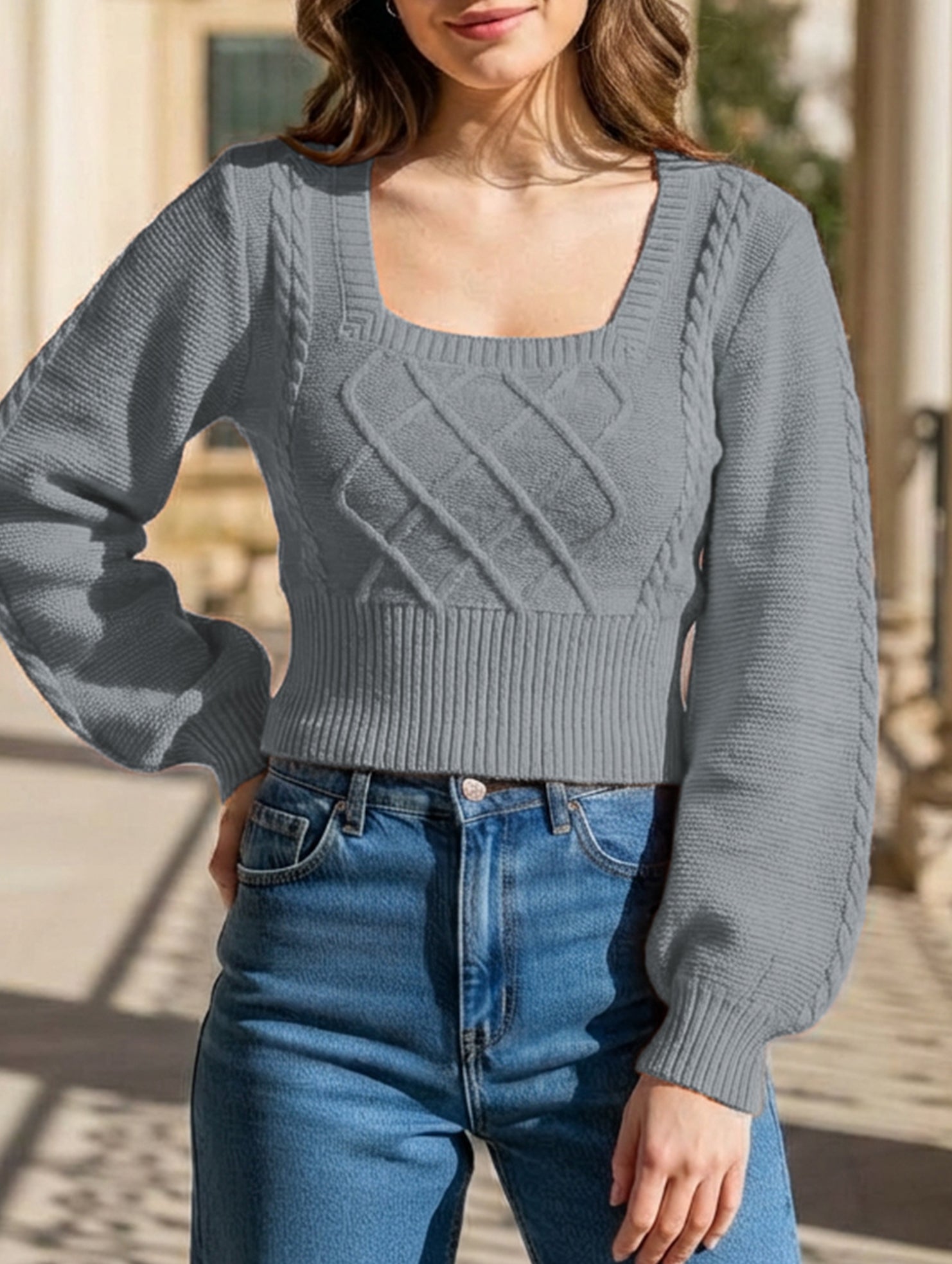 Fashionable solid color square neck knit sweater