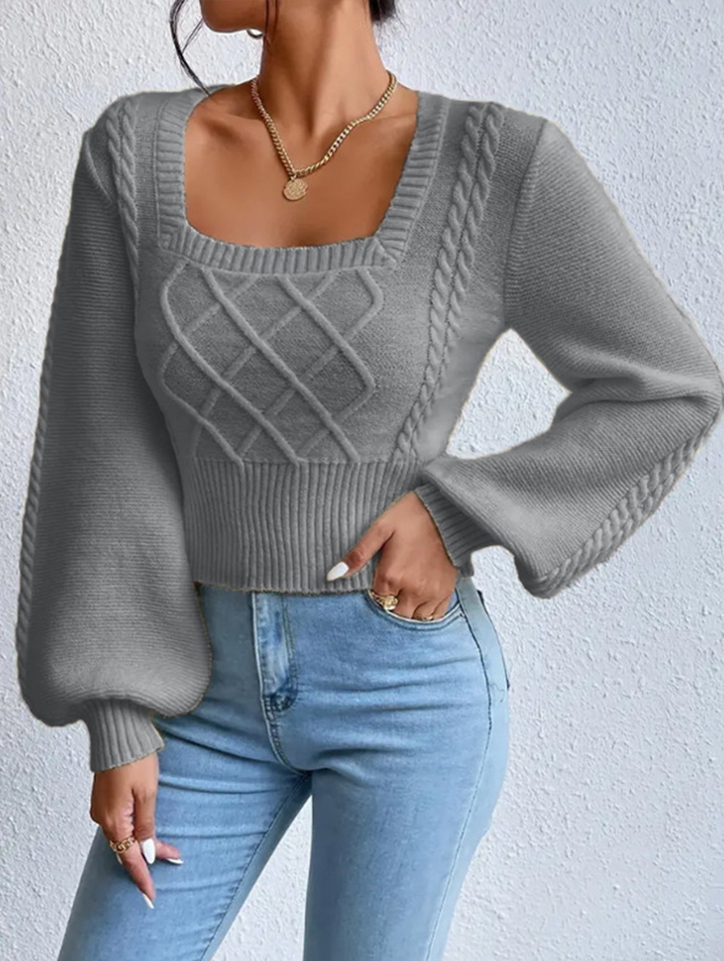 Fashionable solid color square neck knit sweater
