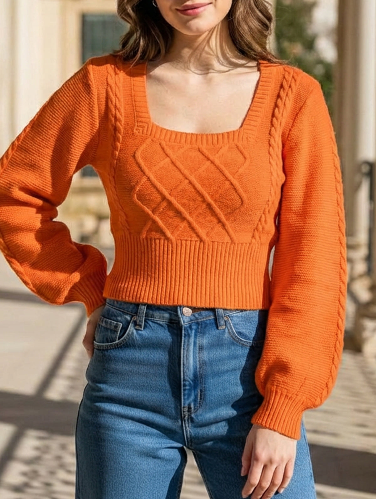 Fashionable solid color square neck knit sweater