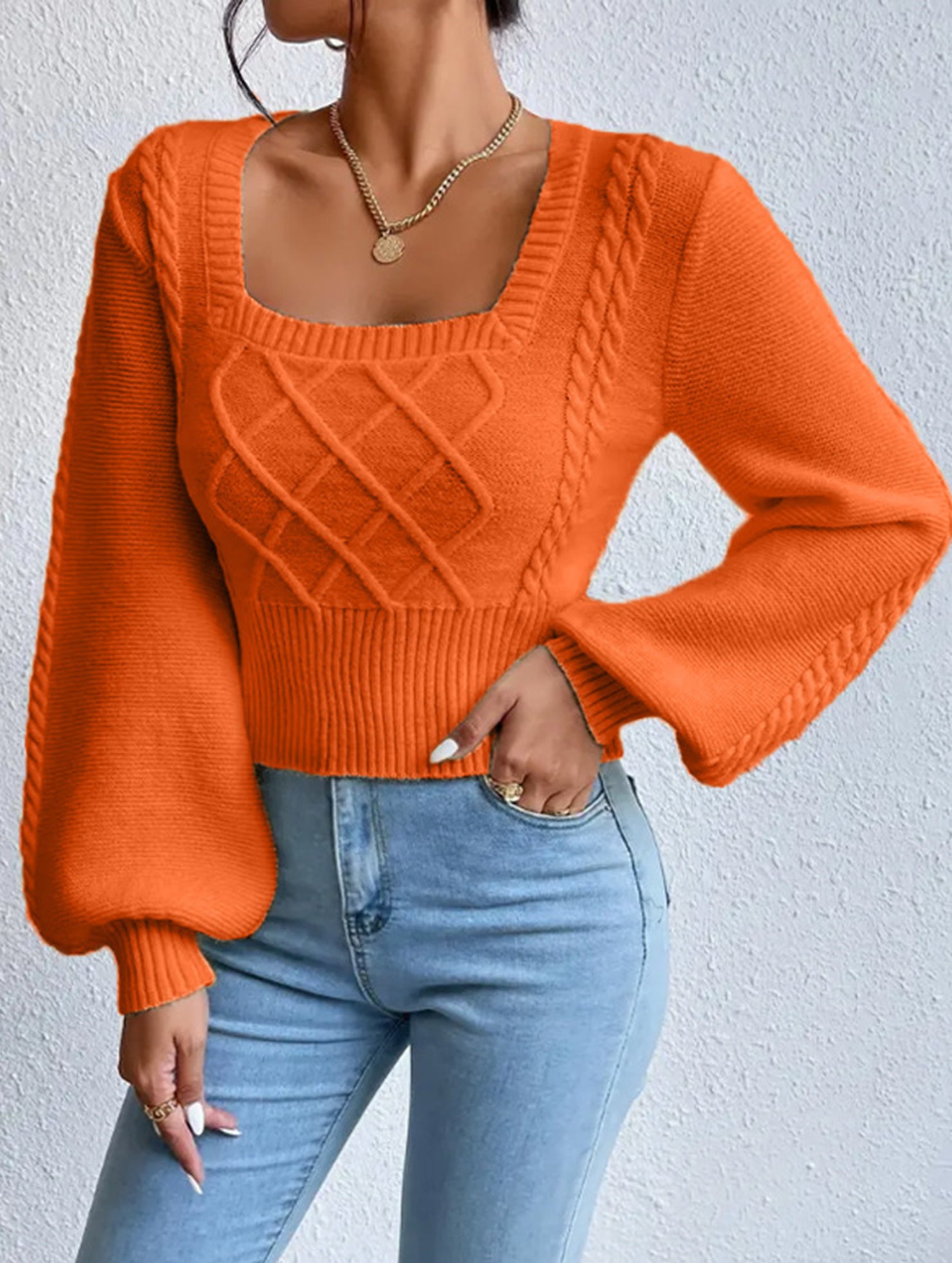 Fashionable solid color square neck knit sweater