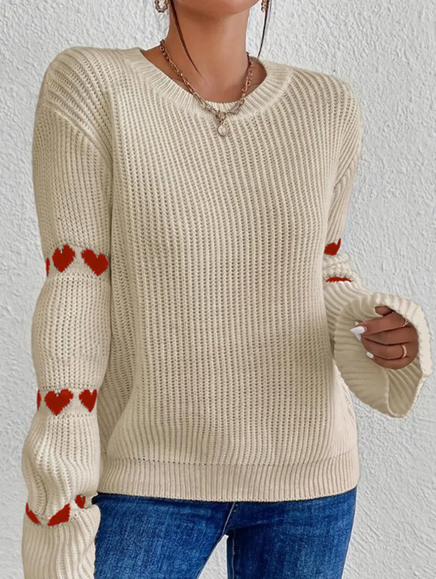 Solid color loose heart jacquard knit sweater