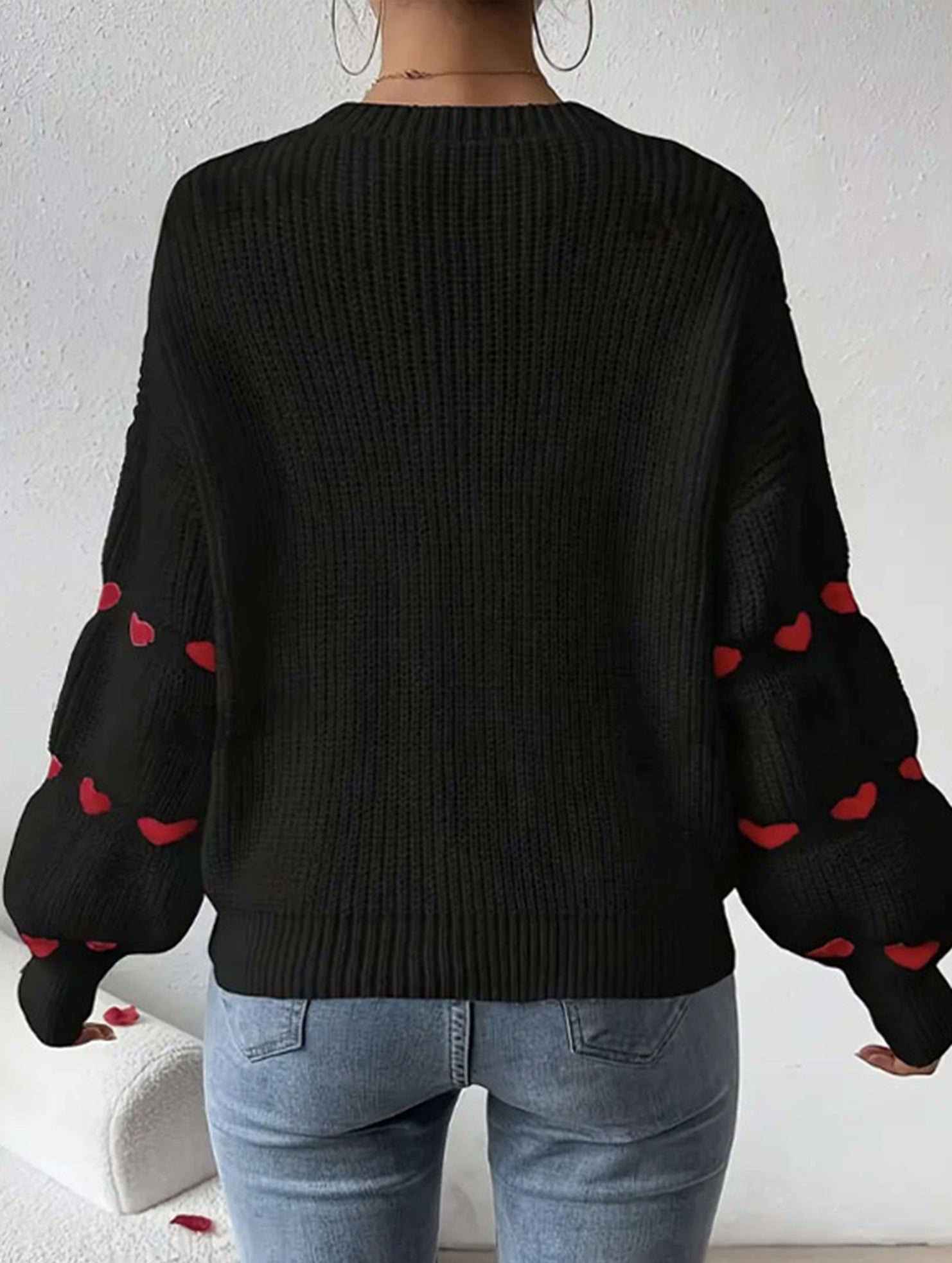 Solid color loose heart jacquard knit sweater