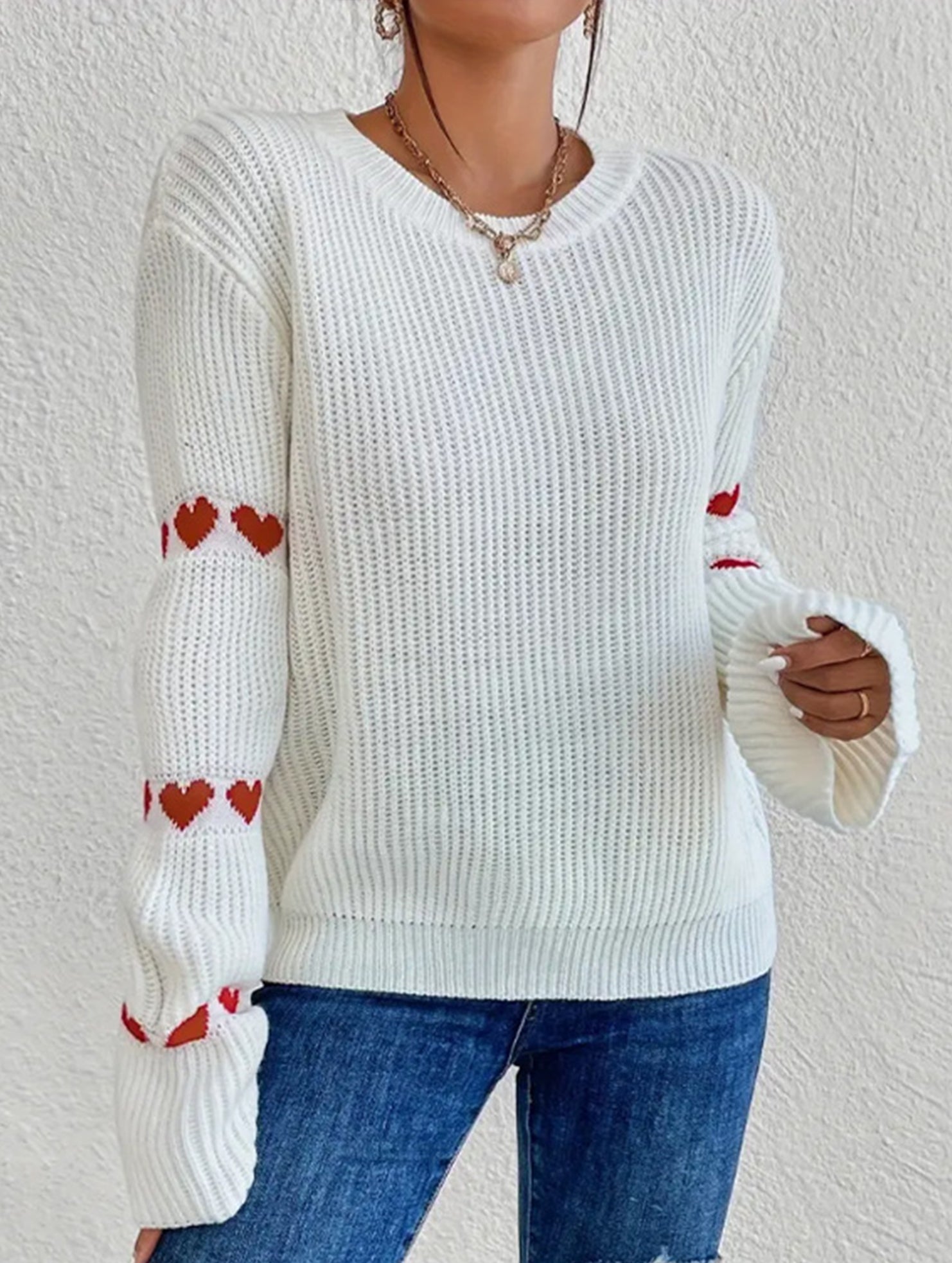 Solid color loose heart jacquard knit sweater