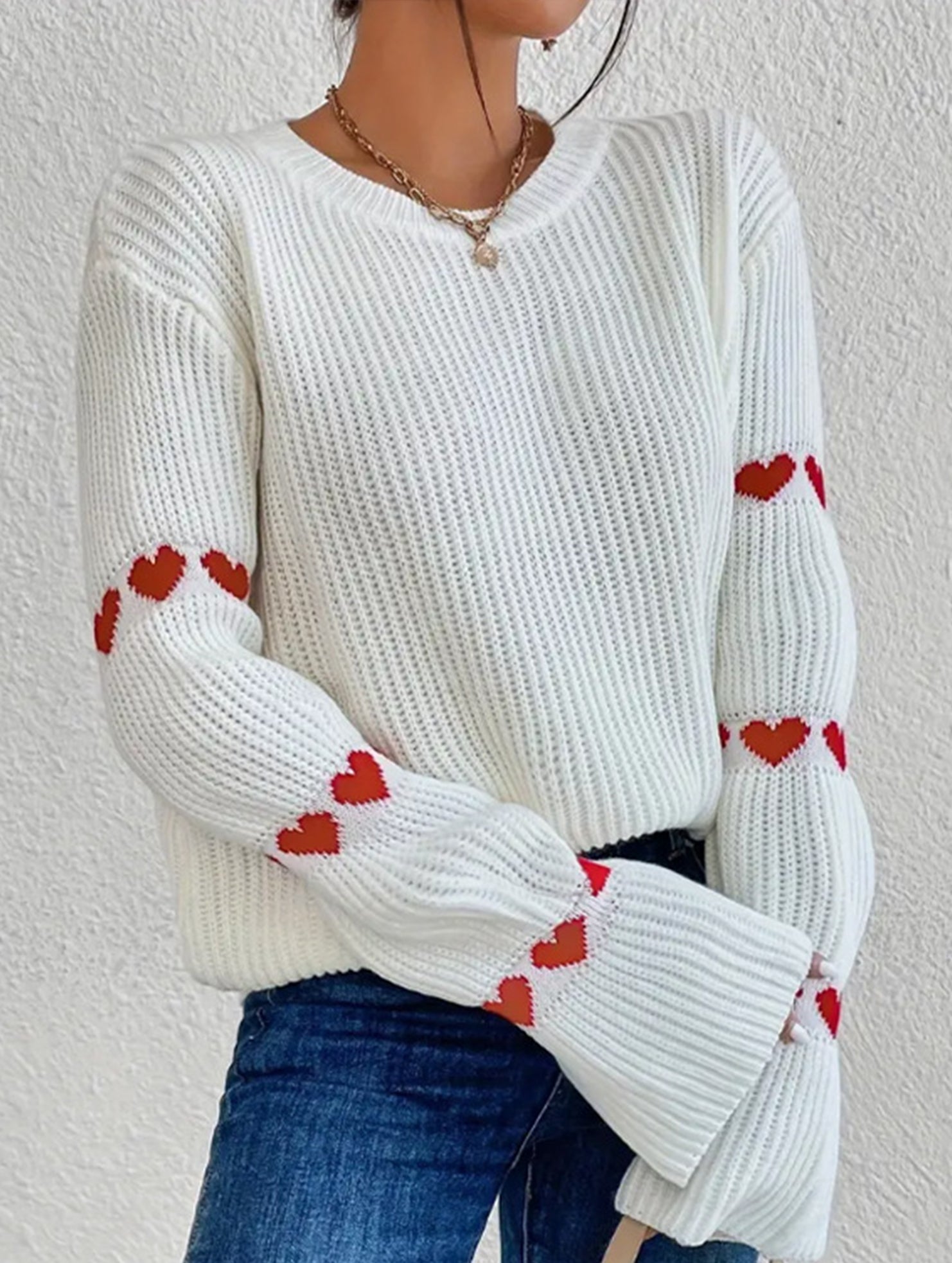 Solid color loose heart jacquard knit sweater