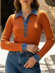 Denim collar pullover patchwork knit sweater