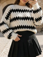 Loose-fitting cable stripe crew neck knit sweater_CWOSWL08849