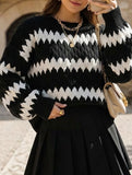 Loose-fitting cable stripe crew neck knit sweater_CWOSWL08849