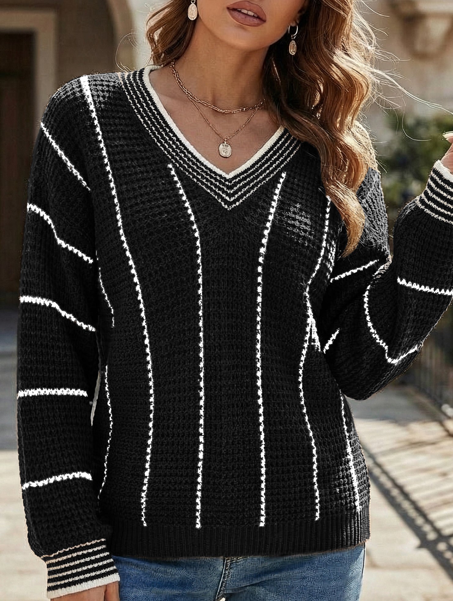 Retro V-neck loose striped sweater