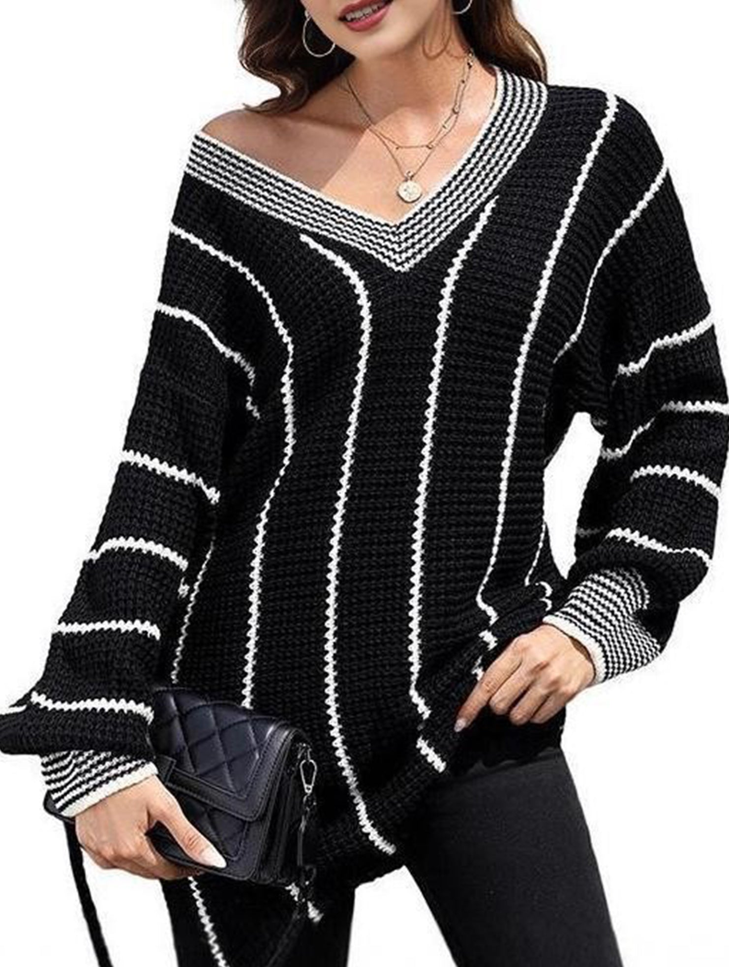 Retro V-neck loose striped sweater