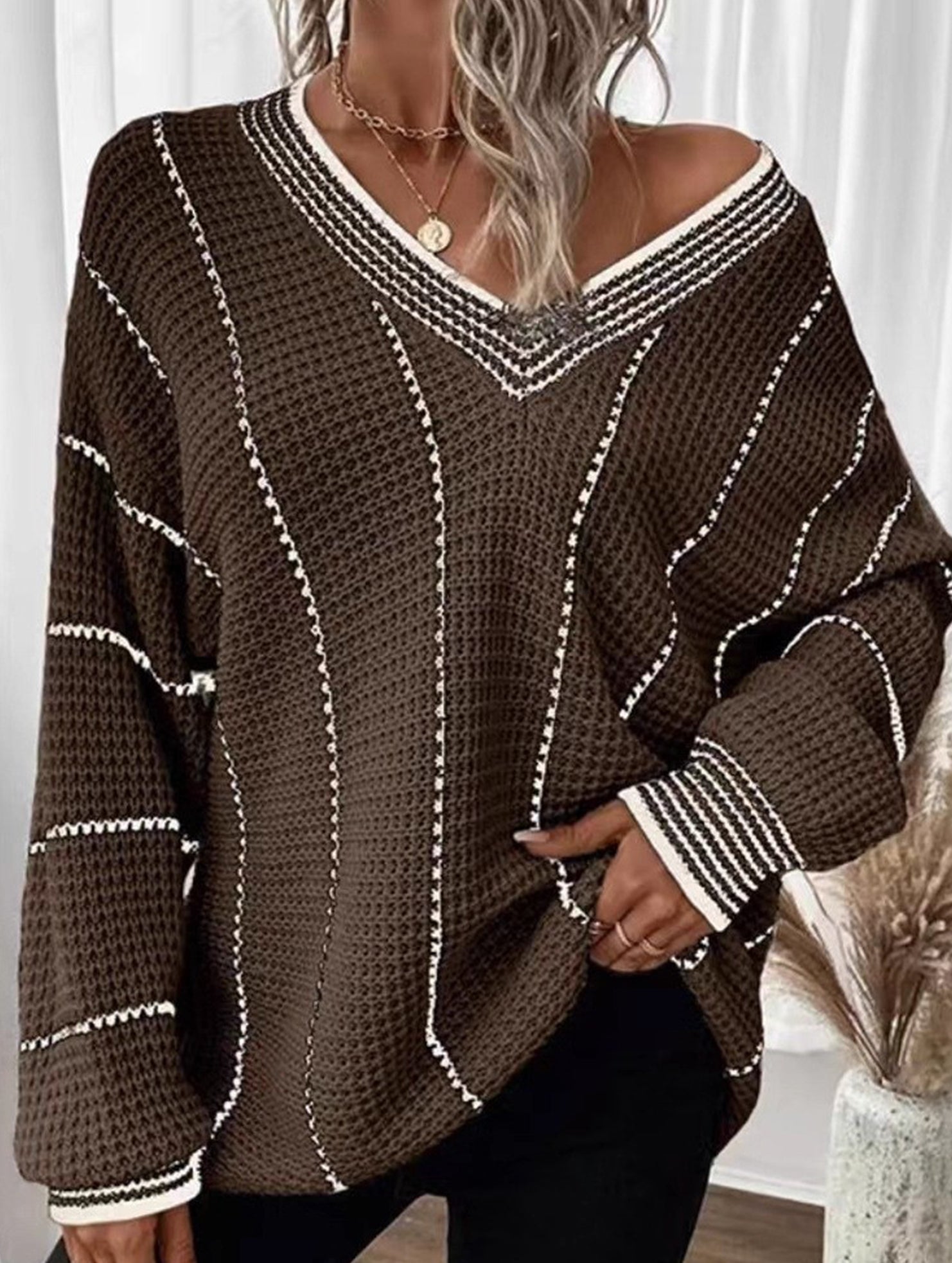 Retro V-neck loose striped sweater