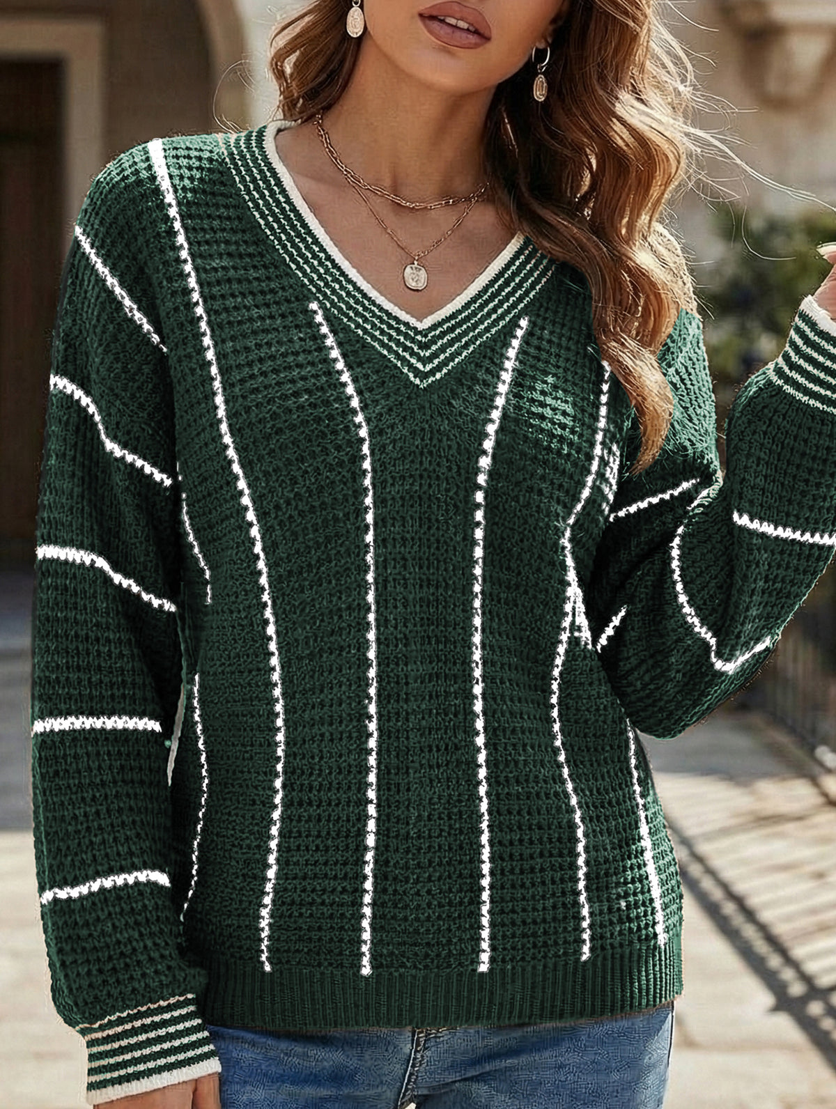 Retro V-neck loose striped sweater