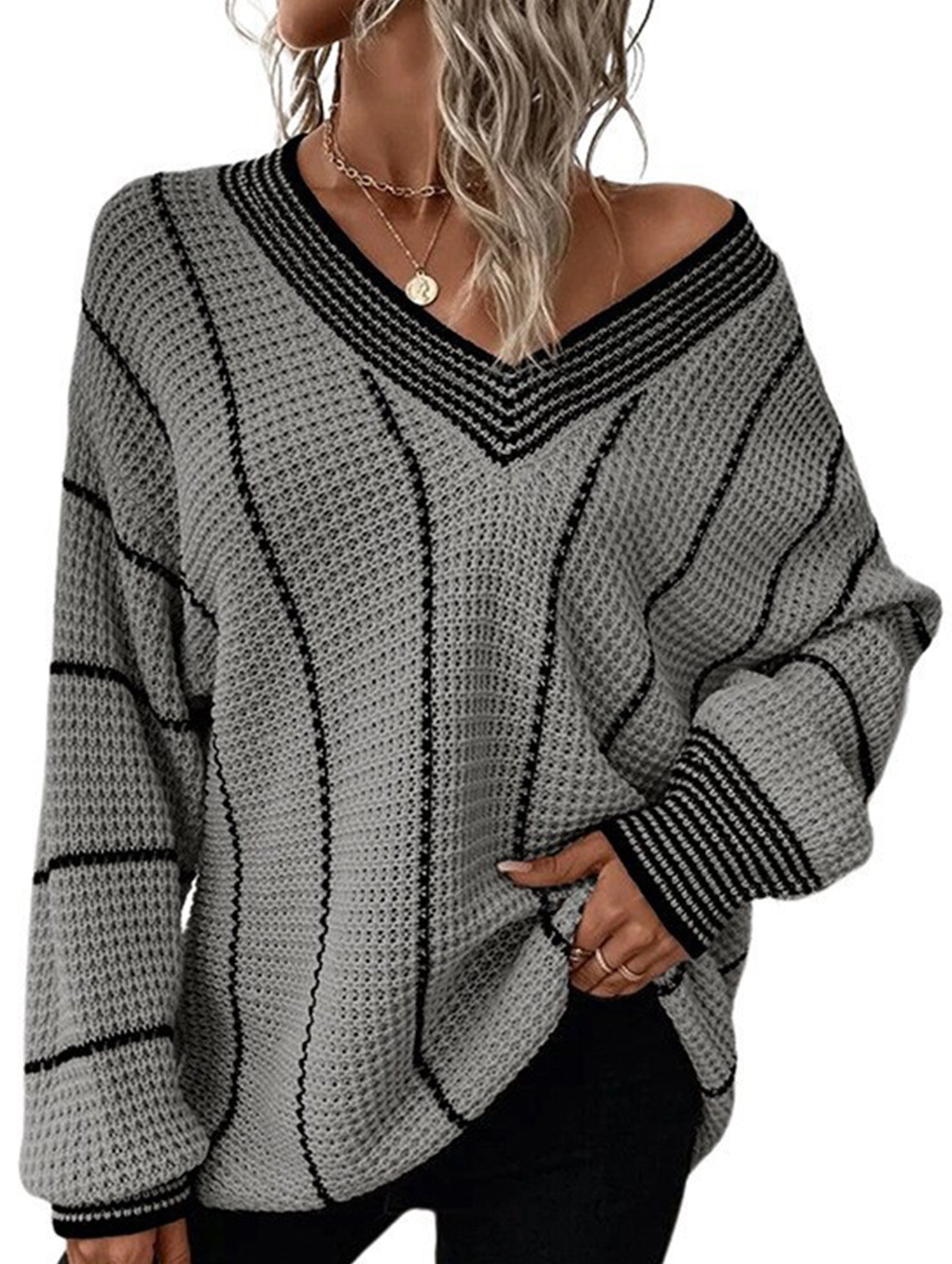 Retro V-neck loose striped sweater