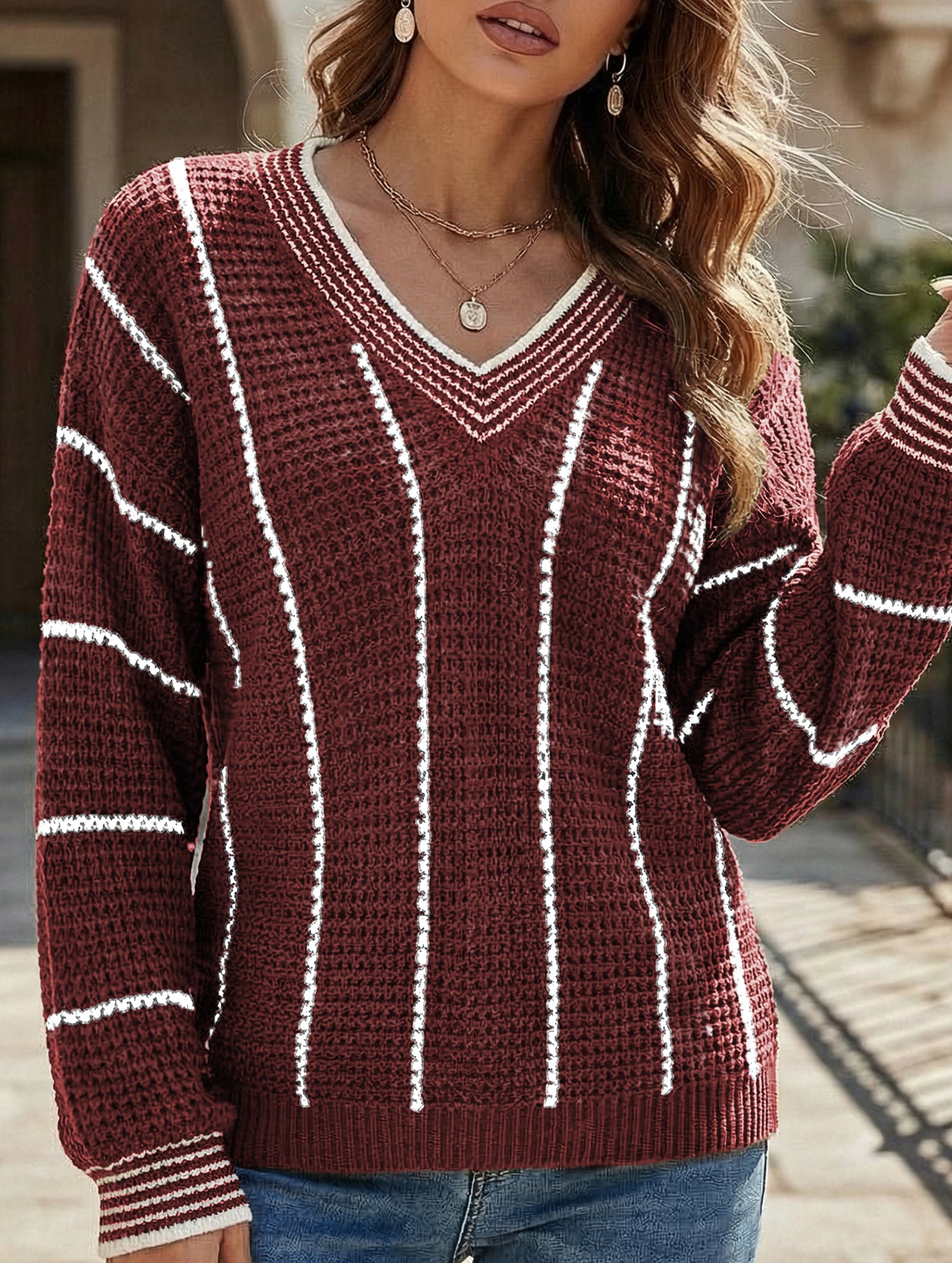 Retro V-neck loose striped sweater