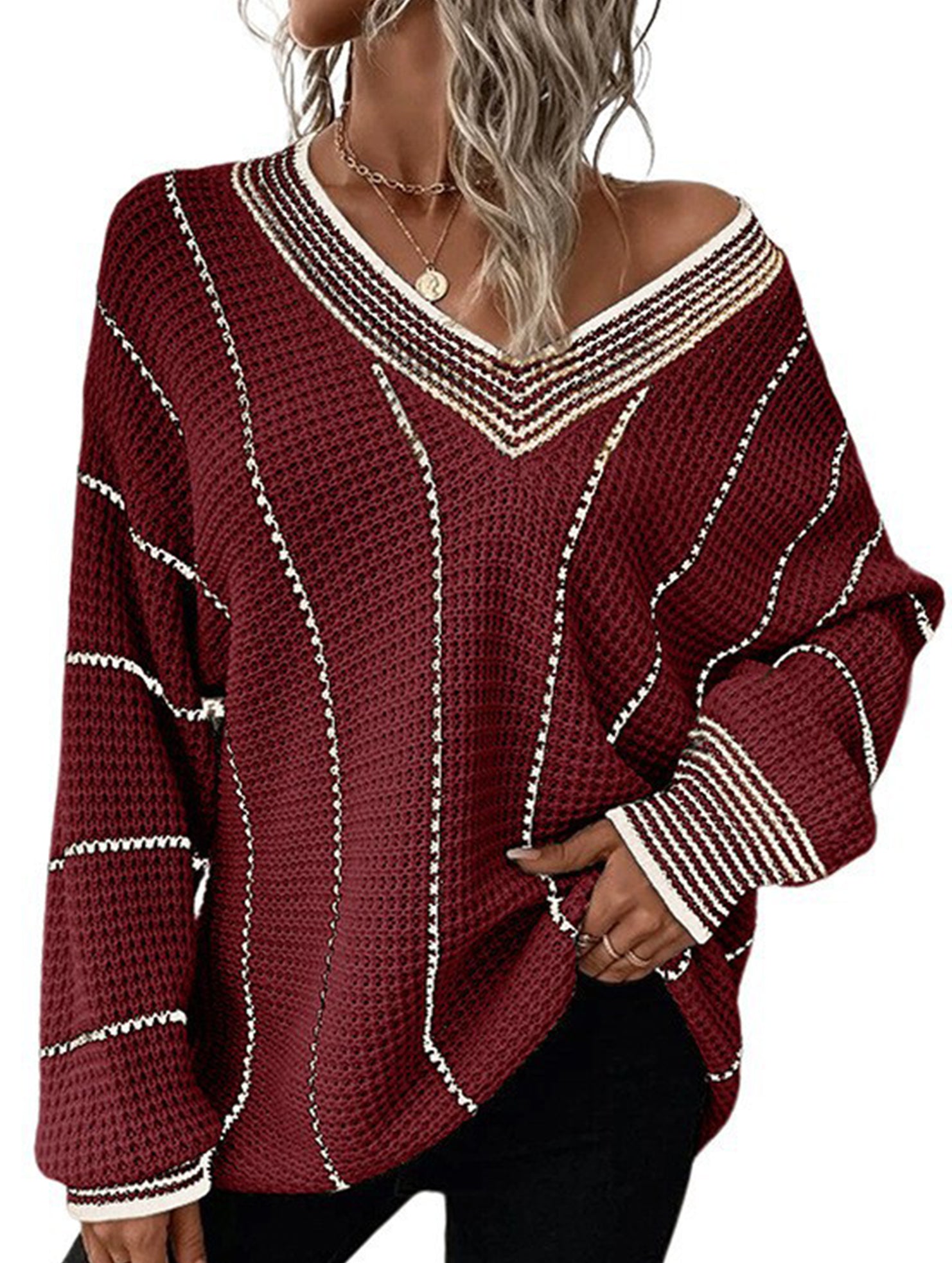 Retro V-neck loose striped sweater