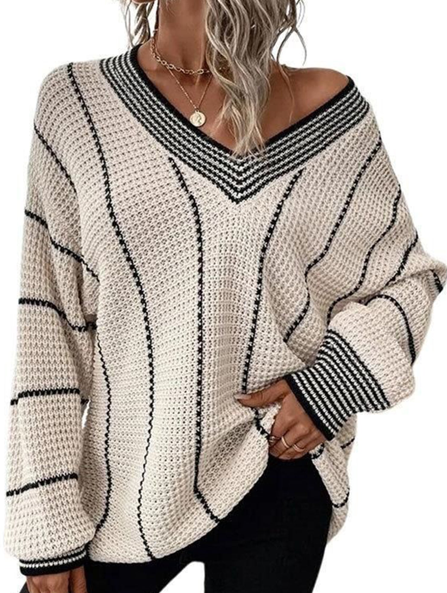 Retro V-neck loose striped sweater