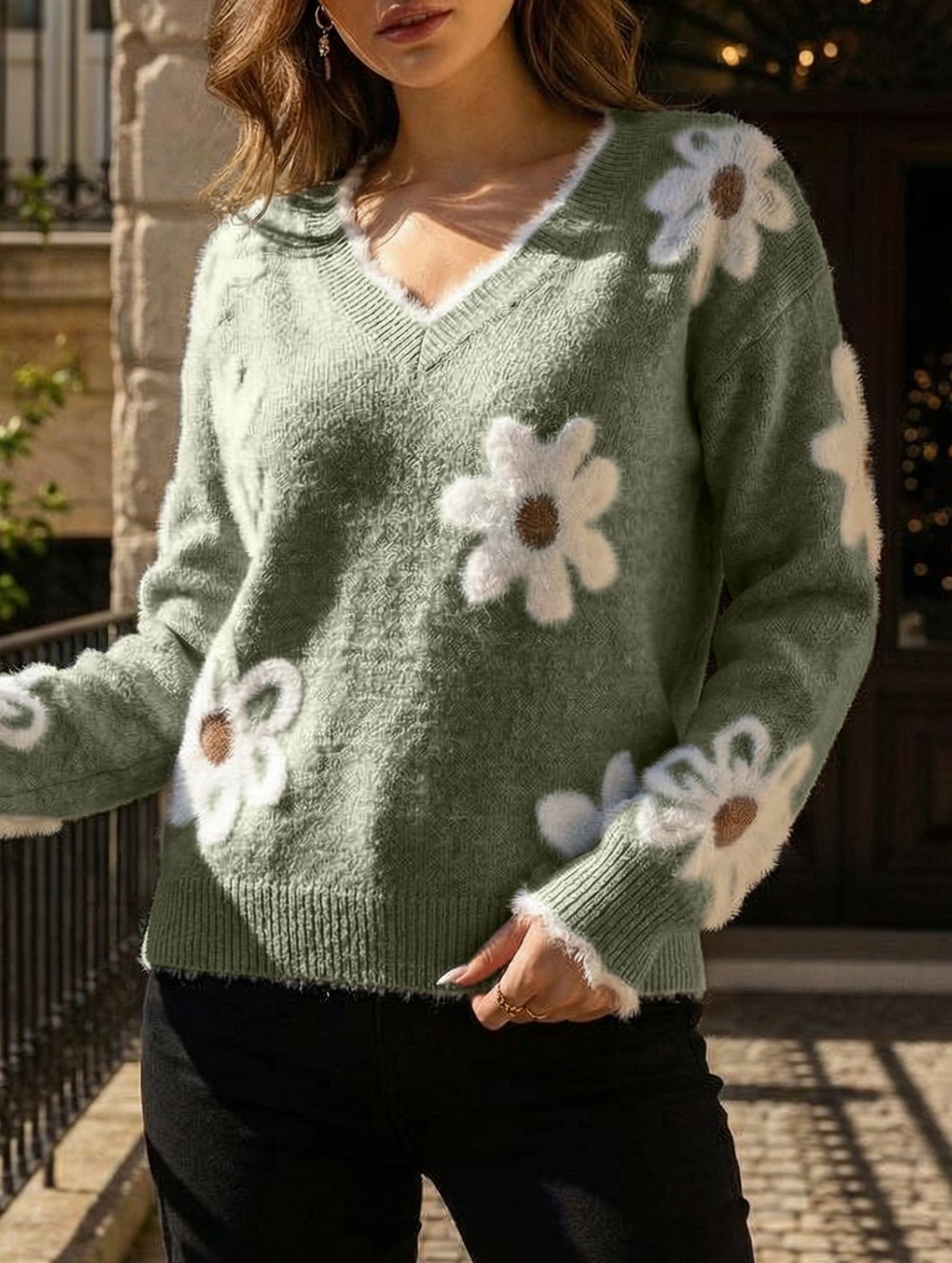 Floral Knit V-neck Sweater