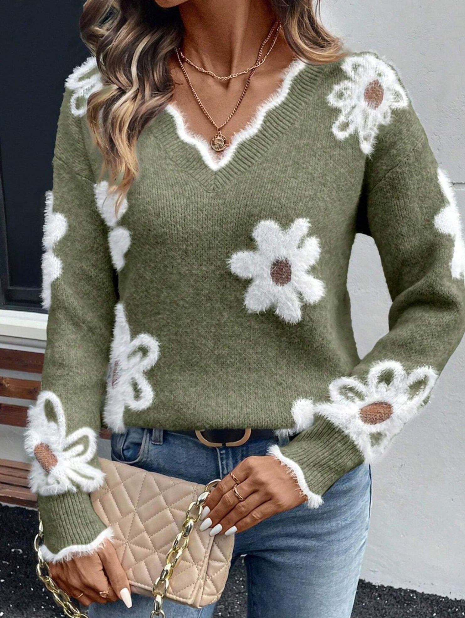 Floral Knit V-neck Sweater