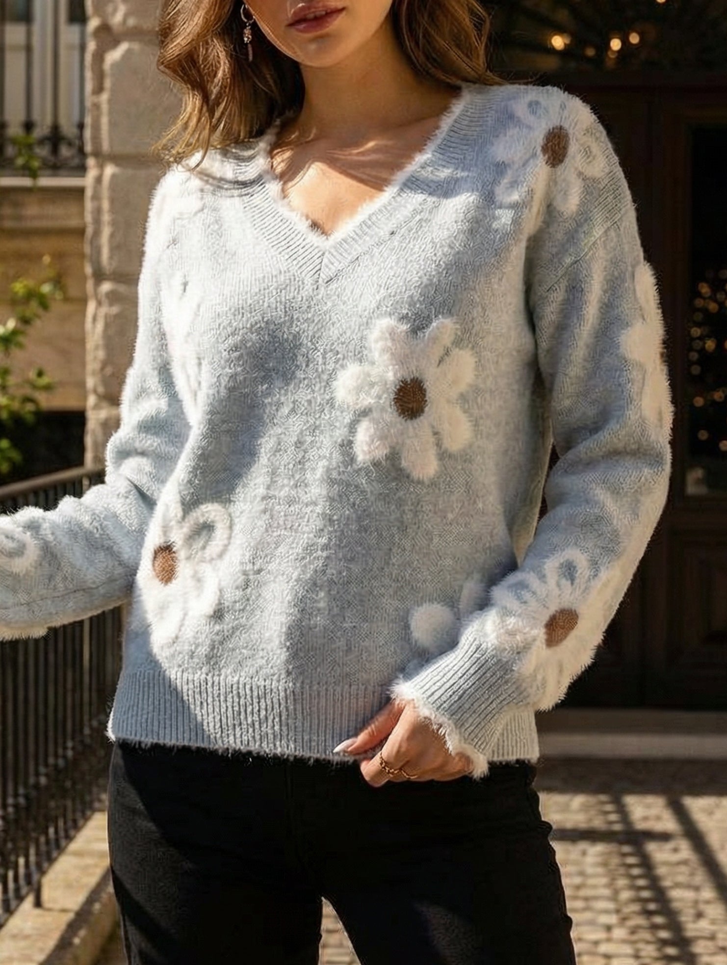 Floral Knit V-neck Sweater