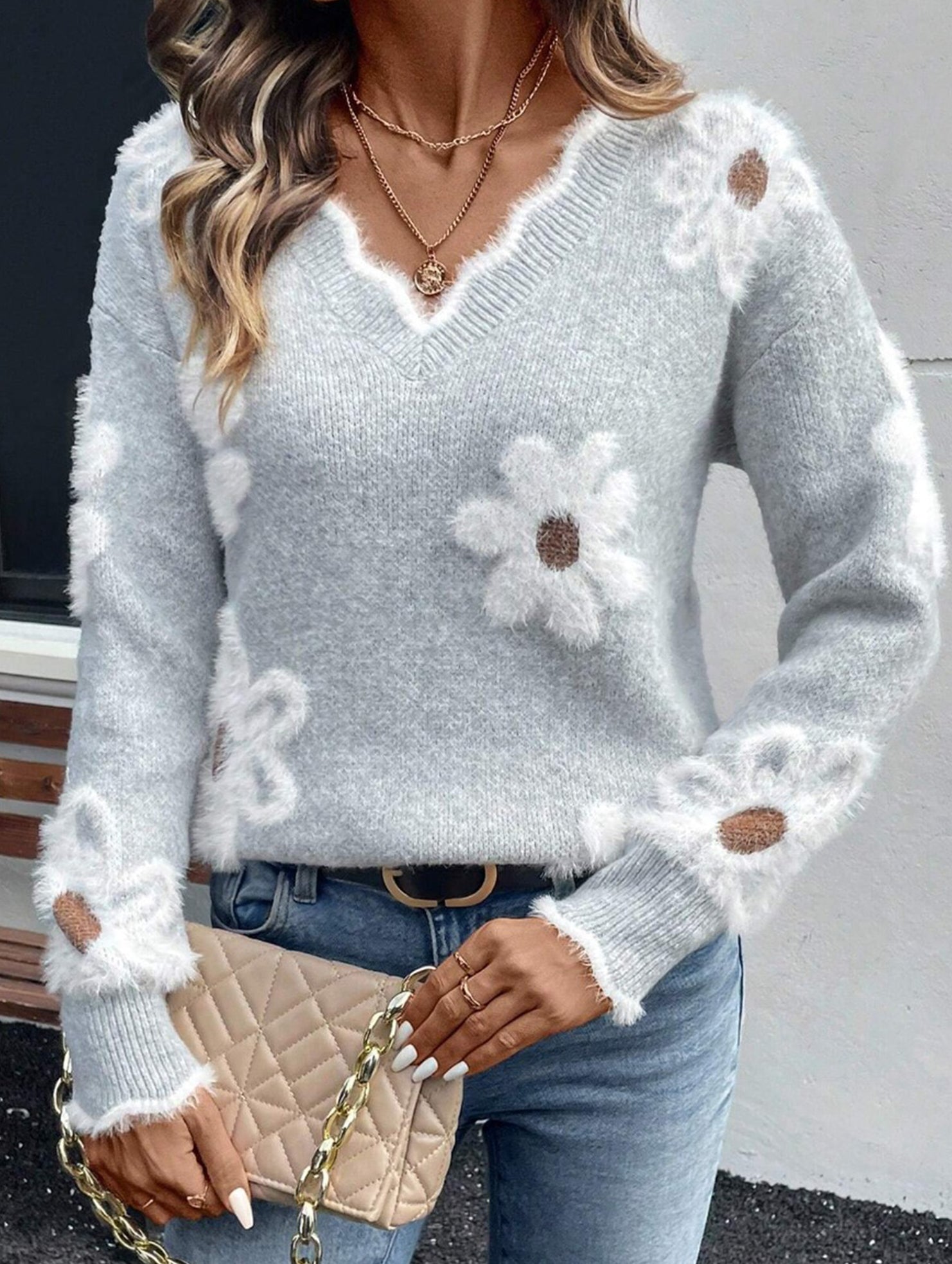 Floral Knit V-neck Sweater