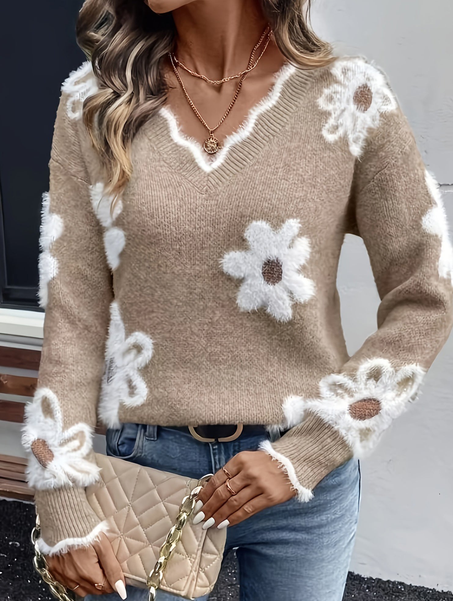 Floral Knit V-neck Sweater