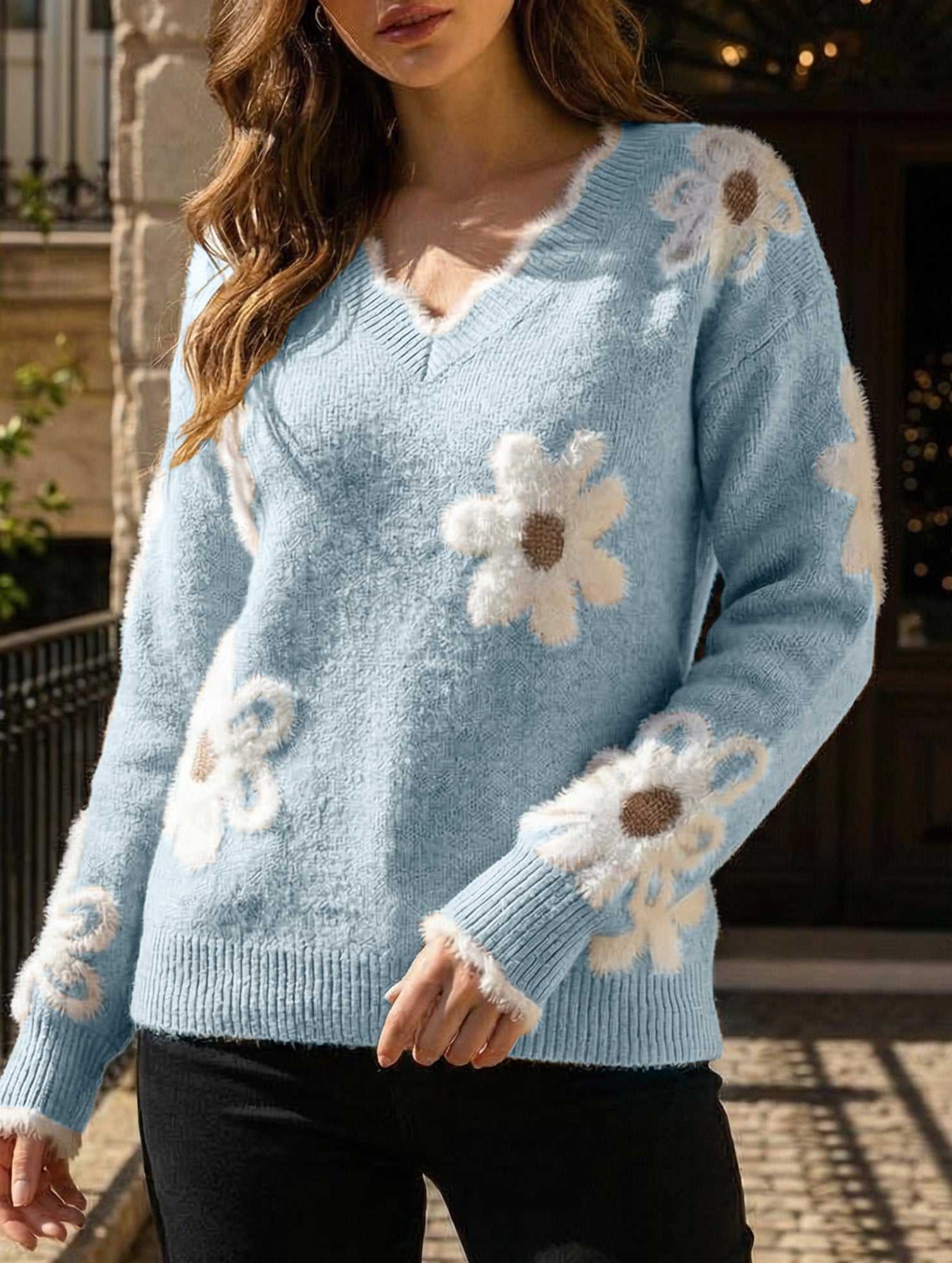 Floral Knit V-neck Sweater