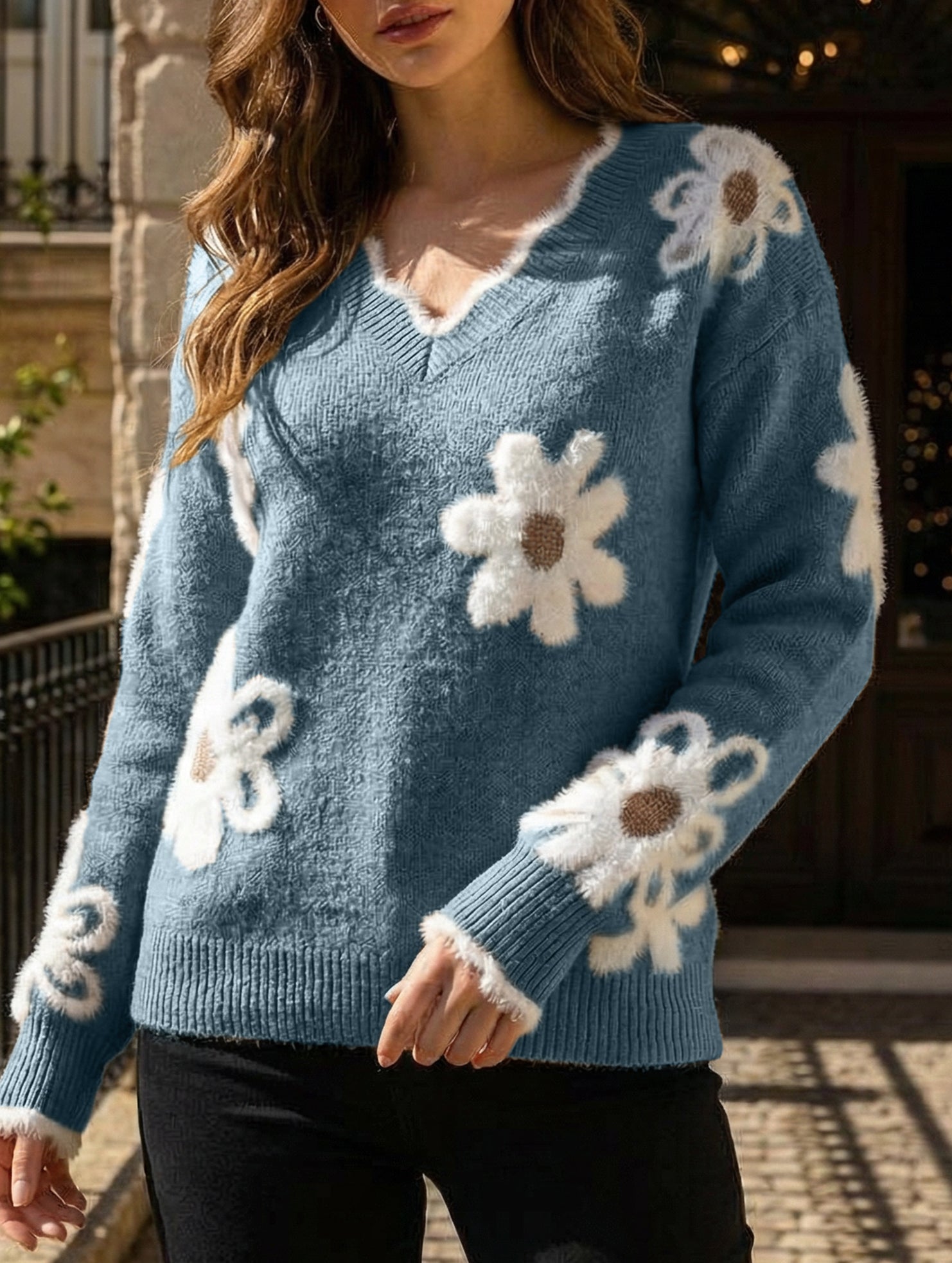 Floral Knit V-neck Sweater