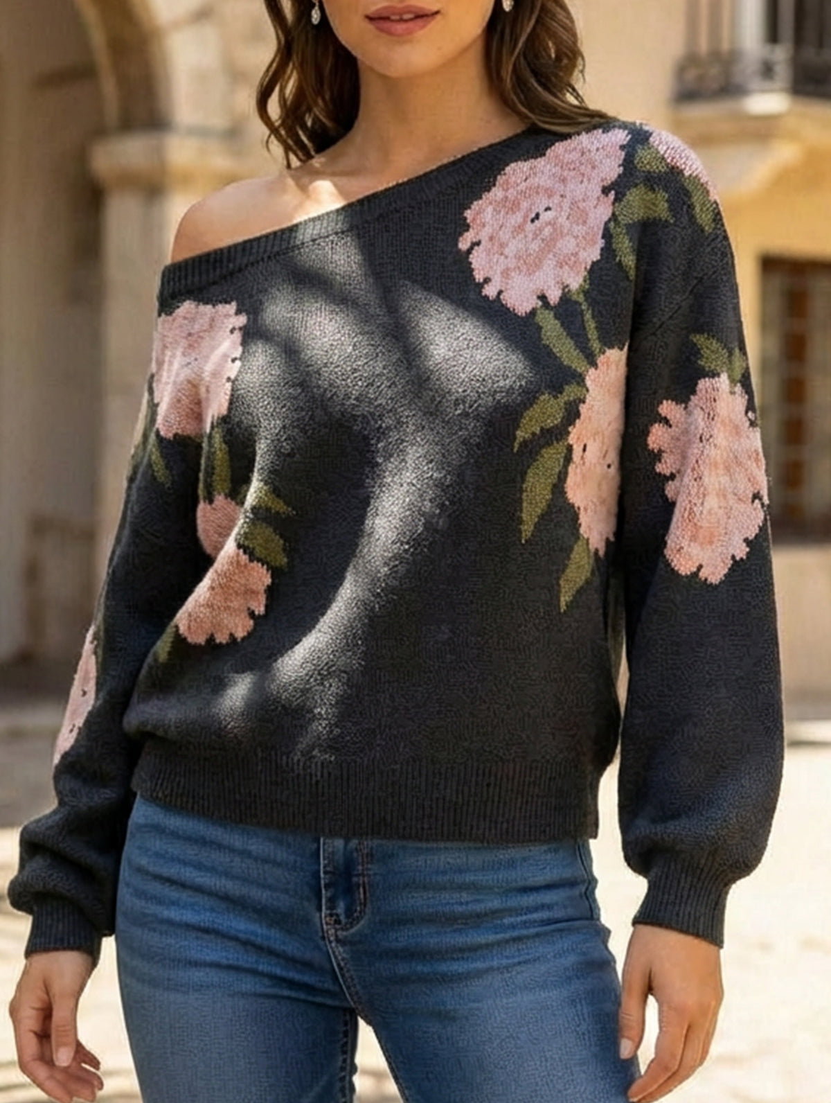 Casual long-sleeved jacquard ribbed sweater